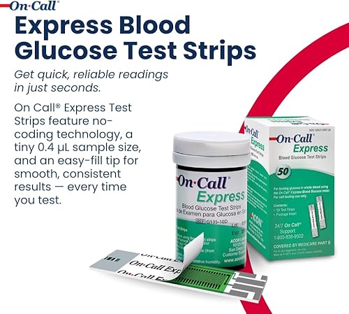 Miniatura 2 de Tiras de prueba de glucosa en sangre para diabetes por On-Call Express, 50 unidades, no necesita codificación, lectura rápida en segundos, pruebas