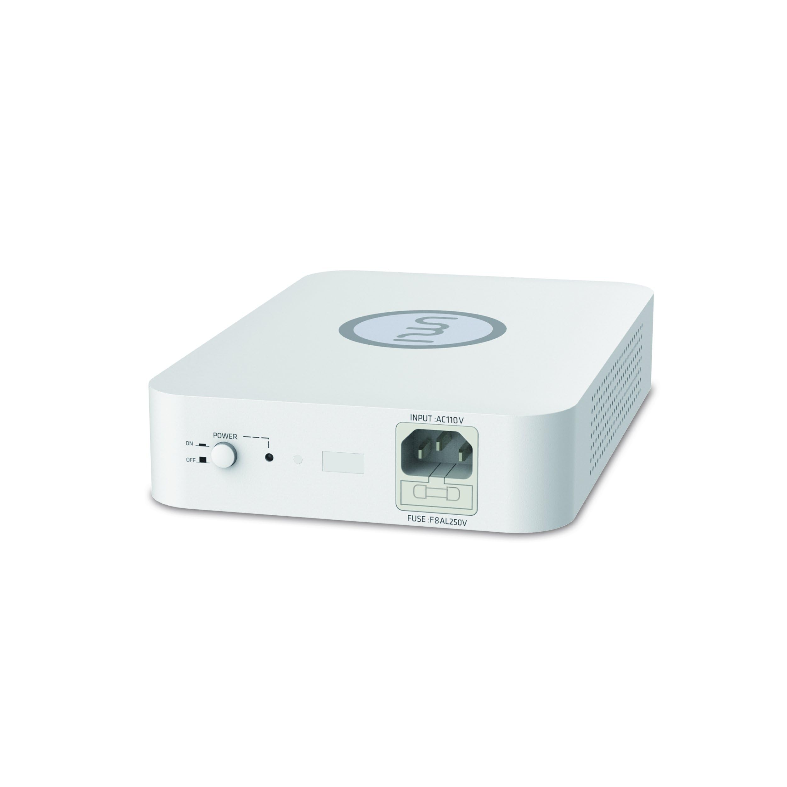 UMI LX-300C Step Up Voltage Converter, white, rectangular with rounded edges, showing the front panel with power switch, indicator light, and input port.