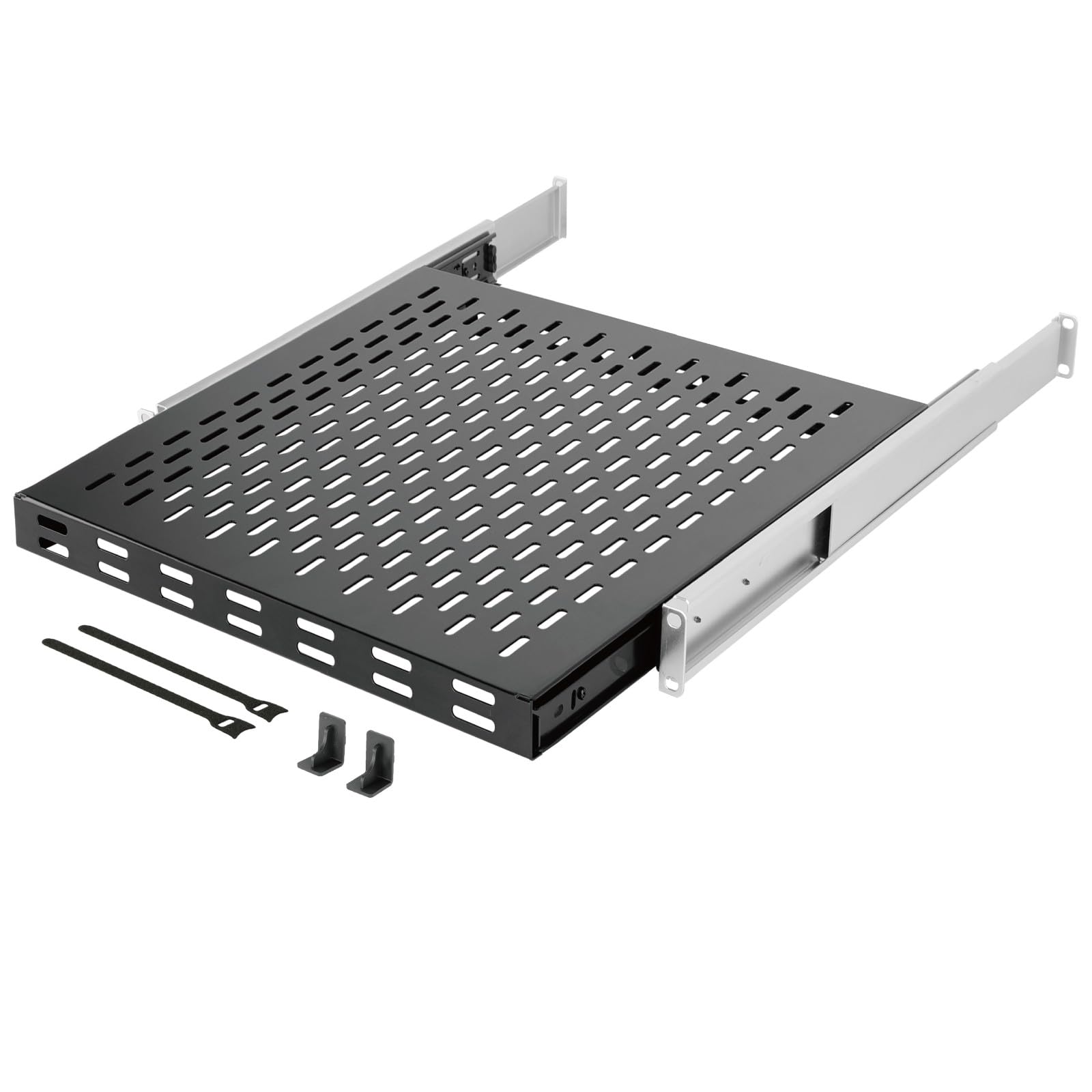 Tecmojo Étagère Coulissante 19 Pouces 1U, 550mm avec Tablette Coulissante, pour Montage Fixe, Profondeur Réglable de 550 à 900mm, avec Butées Antidérapantes, Capacité de Charge de 50kg, Noir