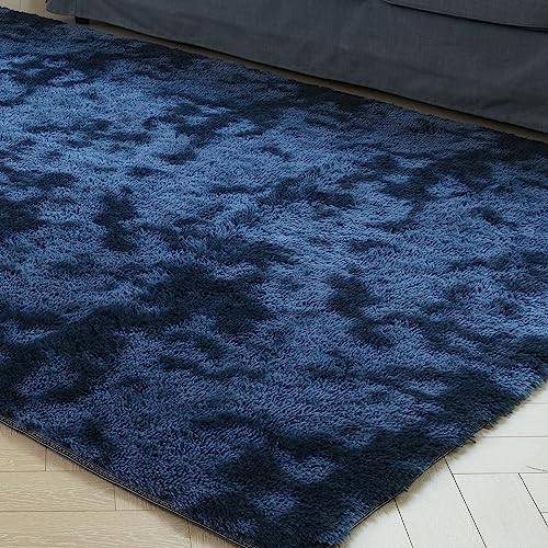 Navy Blue Soft Fluffy Rug 4x6 ft, Tie-Dyed Shag Plush Rectangle Carpet