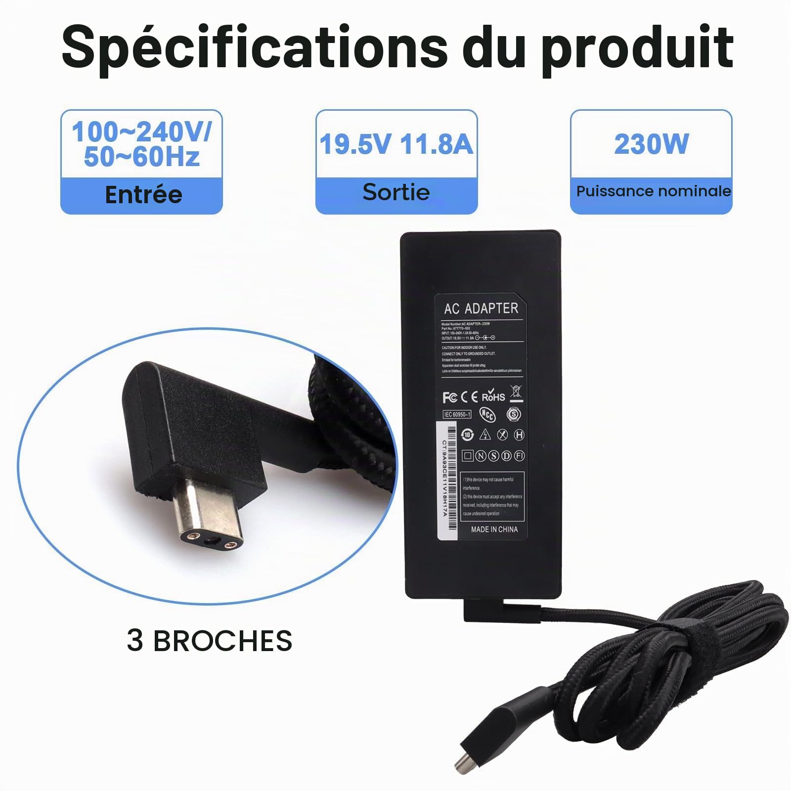 Chargeur et Adaptateur Secteur MXJFYY 230 W pour Ordinateur Portable Gaming Razer Blade Pro 17 4K RC30-0248 RZ09 RTX2070 GTX1660 (2014-2023), pour Razer Blade 14 15 RTX GTX 1660Ti et GTX 1070 (2018)