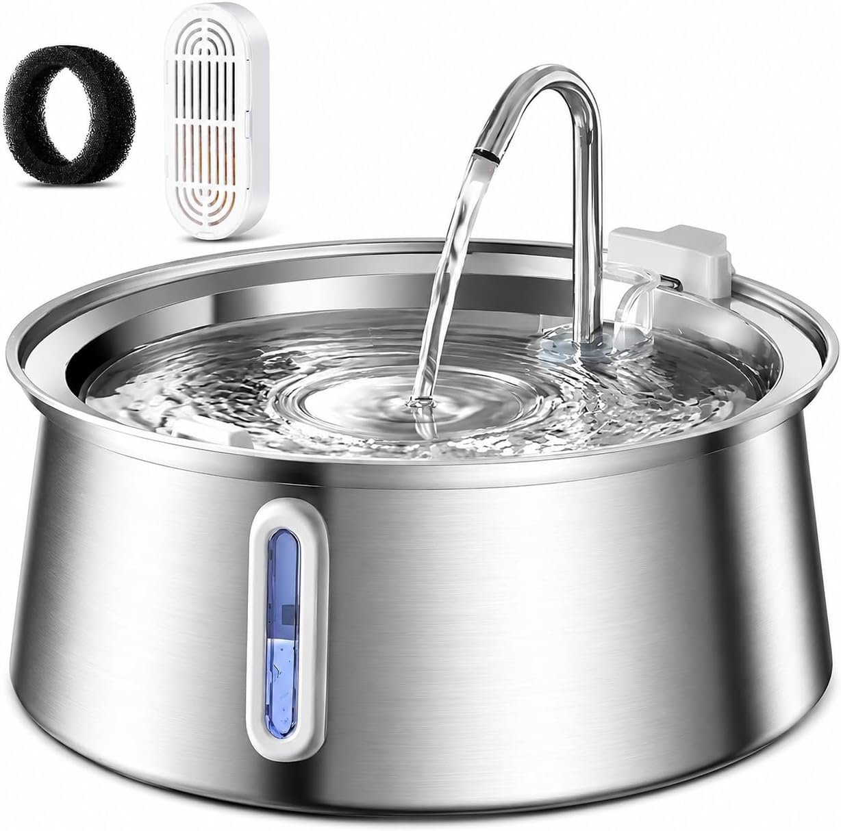 4L Automatic Stainless Steel Pet Fountain with LED Light, Ultra-Quiet Pump for Multiple Pets - Water Level Window for Cats and Dogs