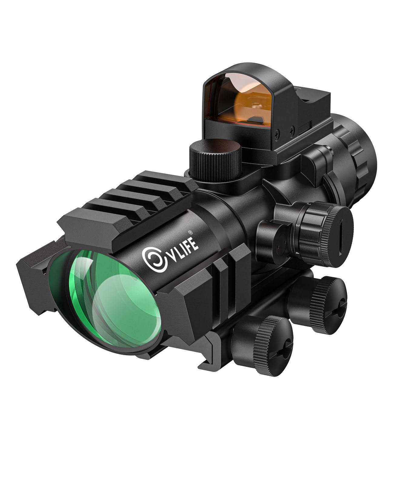 CVLIFE4x32 Prism Scope with 5 Brightness Levels Red Illuminated Reticle and 2 Brightness Levels Red Dot Sight Combo Triple Rail Design