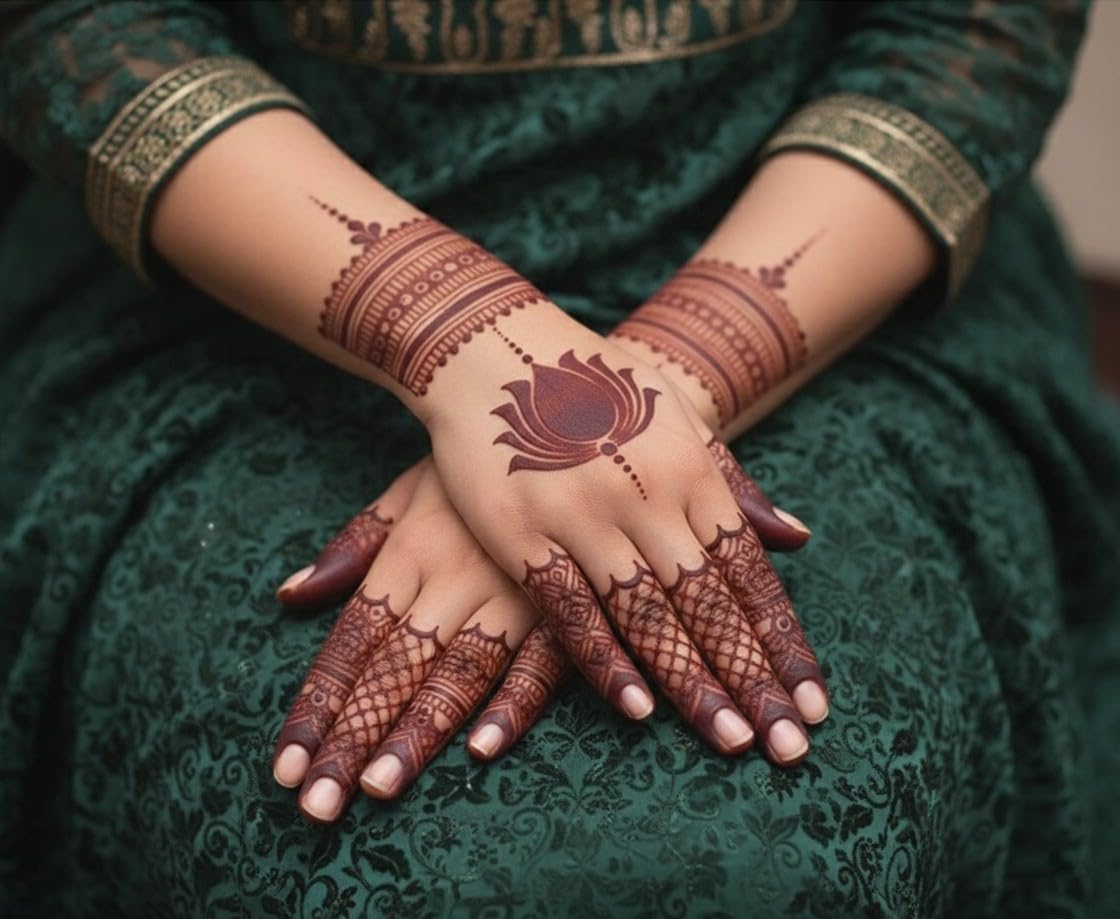 Premium Mehandi Stencil Kit for Creating Beautiful Henna Designs, Lotus and Traditional Patterns, Gold and White-image-22
