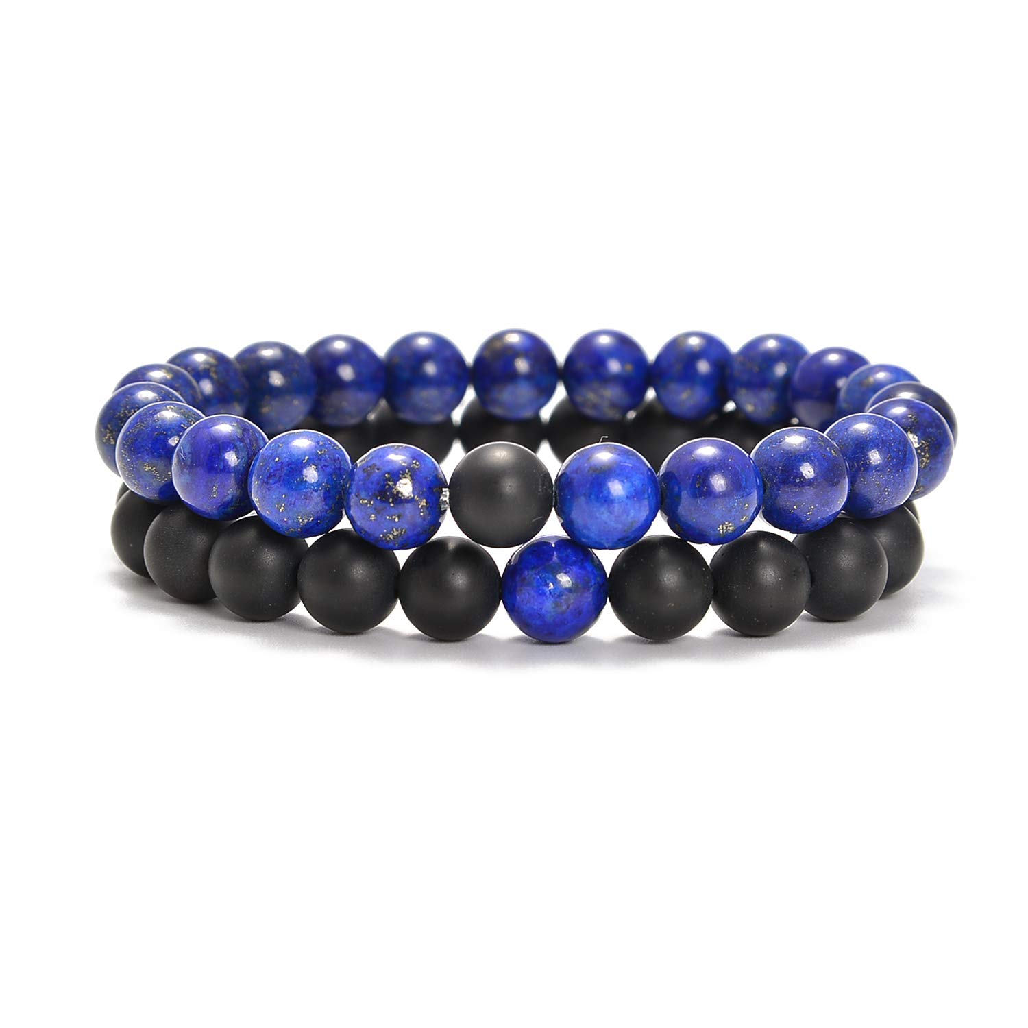 Matowy czarny agat i lapis lazuli 8 mm okrągłe gładkie koraliki długodystansowe pary miłość przyjaźń Combo zestaw bransoletek - zestaw bransoletek rozciągających się w związku dla par |