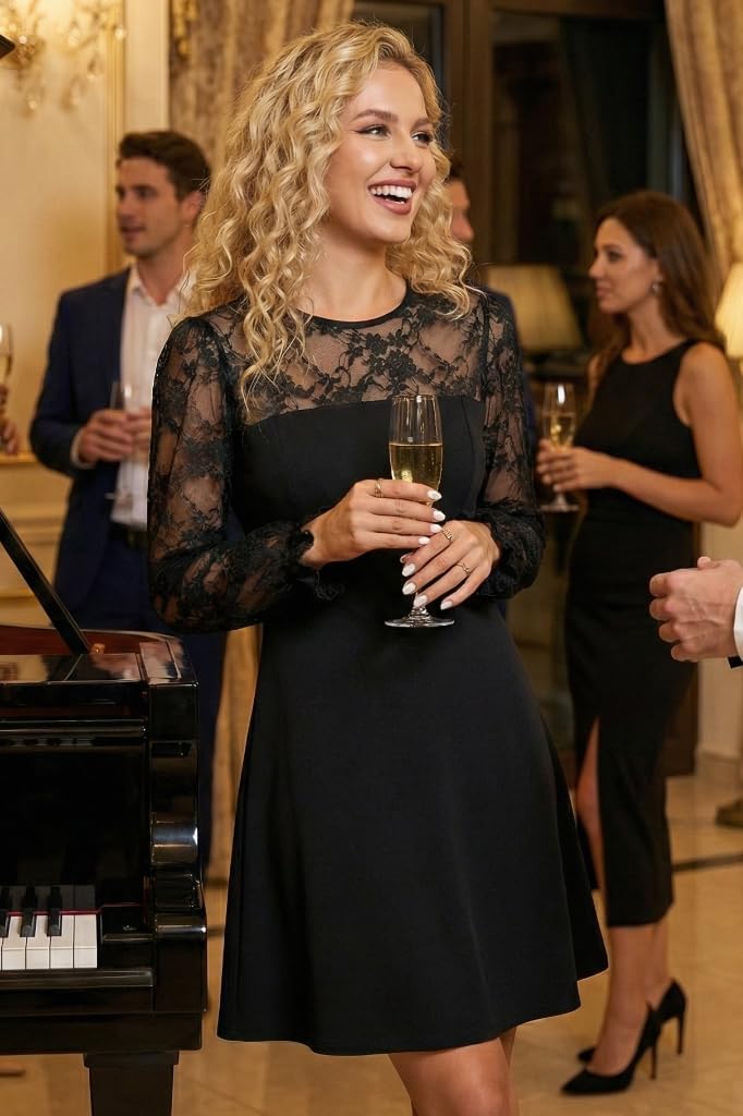 Holipick Women's Cocktail Dresses Wedding Guest Party Crew Neck Short A Line Dress with Lace Sleeves - Image 3