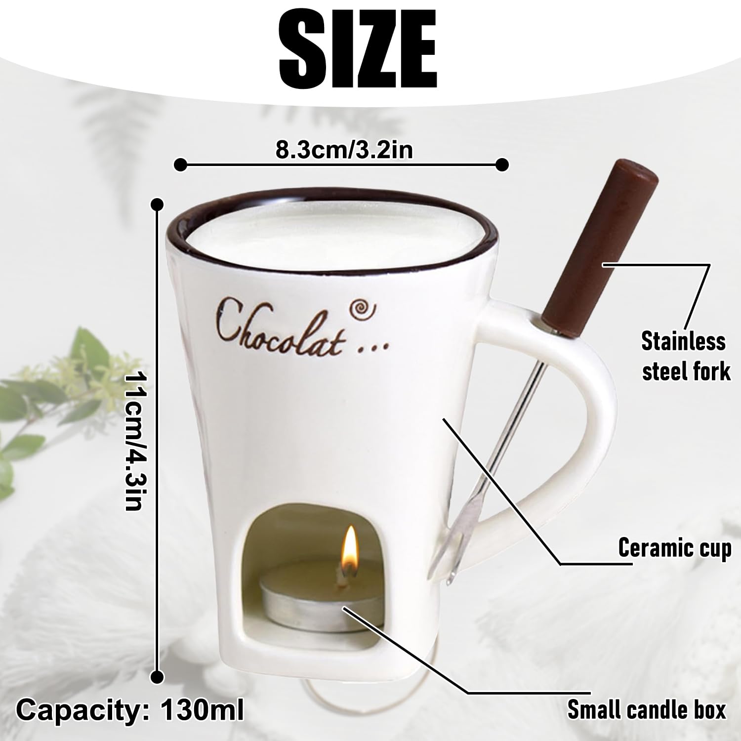 Taza de Fusión de Chocolate, 130 ML Juego de Fondue de Chocolate, Taza de Cerámica para Derretir Chocolate con Tenedores y Vela de Té, Taza de Fusión de Queso, Tazas de Fondue de Chocolate para Queso