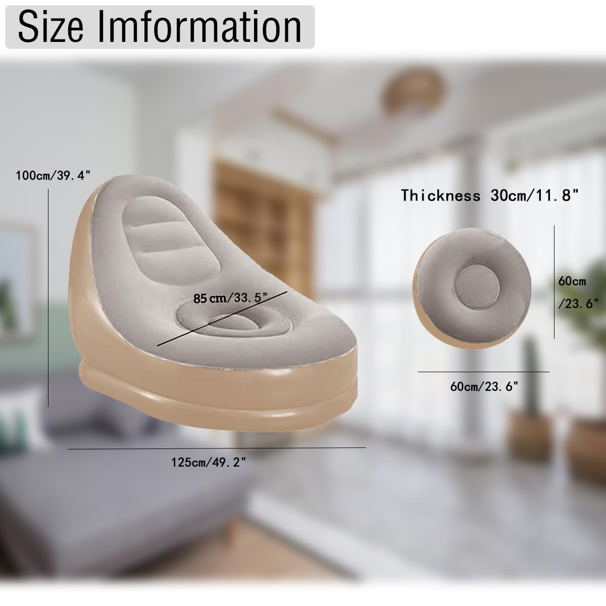 Baiao Inflatable Lounge Chair with Ottoman Footrest Indoor Foldable Deck Chair Chaise Lounges Lounge Sofa for Living Room Bedroom Patio Poolside Beach (Milk-Tea) 4