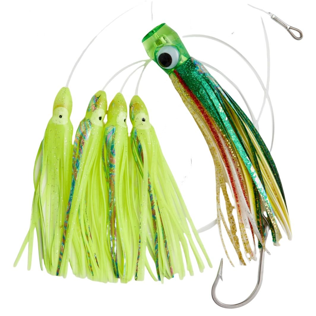 OCEAN CAT Teaser Chain Trolling Lure Saltwater Fishing Lure Bag with Circle Hook and Fishing Line Fully Rigged Teasers for Wahoo Tuna Marlin Mahi Mahi (#055-Green+Yellow, 6in+4.5in+6/0)