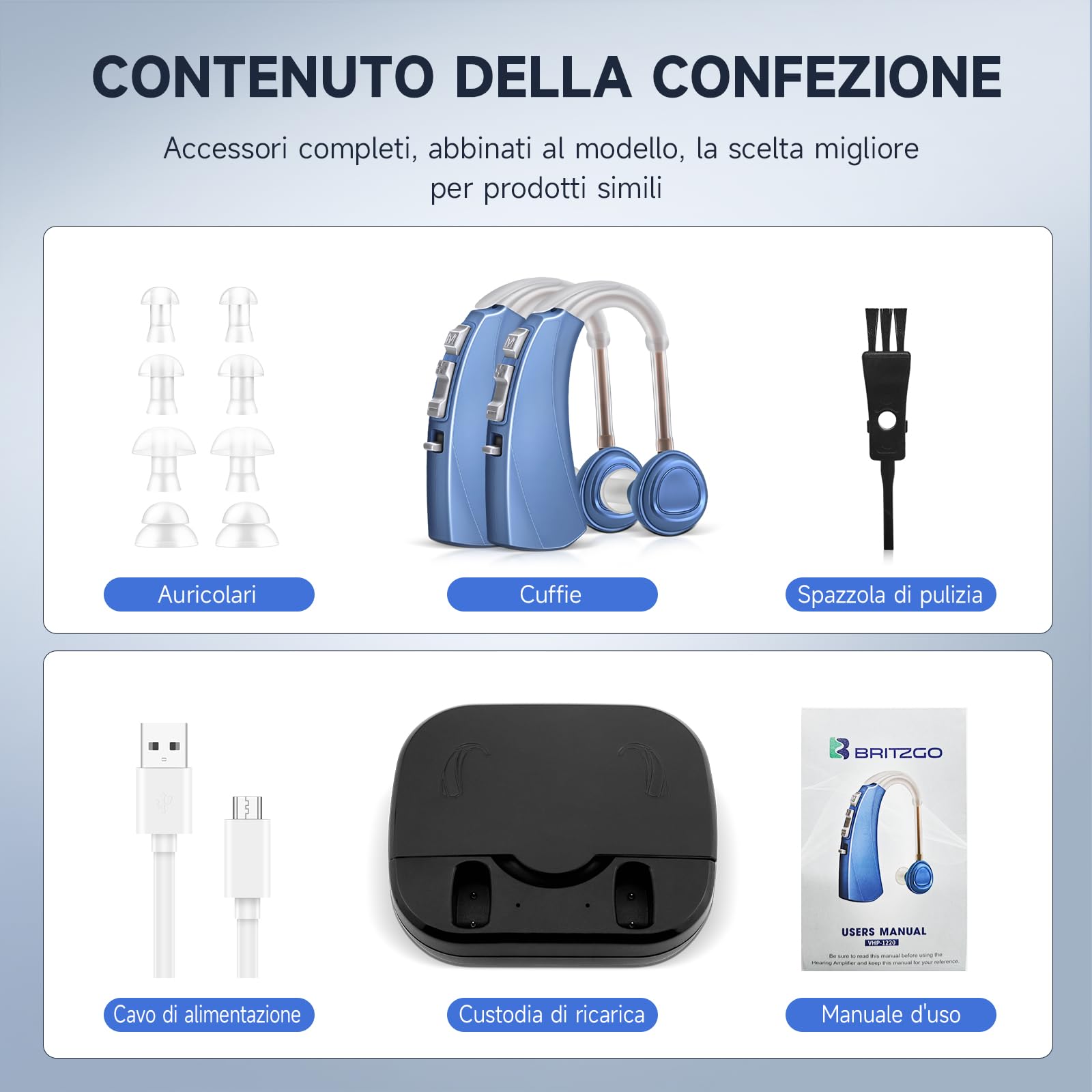 Britzgo - dispositivo a doppio chip, 70-90 dB, durata della batteria 33 ore, ricarica USB, blu (modello doppio)