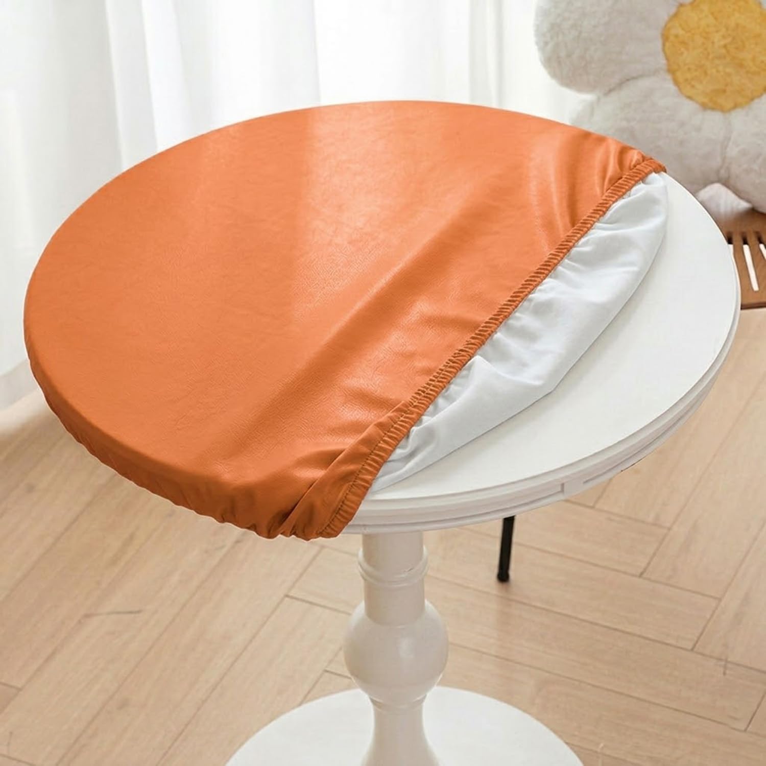 Round Fitted Tablecloth PU Leather Waterproof Elasticated Edge Wipeable Circular Table Cover for Indoor Outdoor Patio BBQ Dining Table Protector(Orange,90cm)