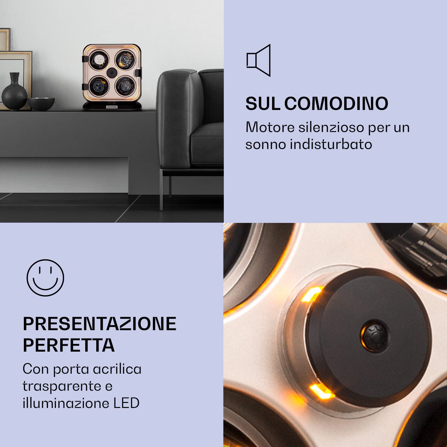 KLARSTEIN Scatola del Tempo per 4 Orologi, Carica Orologi Automatici con Vetrina in Acrilico, Porta Orologi Automatici per Uomo e Donna, Watch Winder Silenzioso con LED Blu, 4 Impostazioni TPD