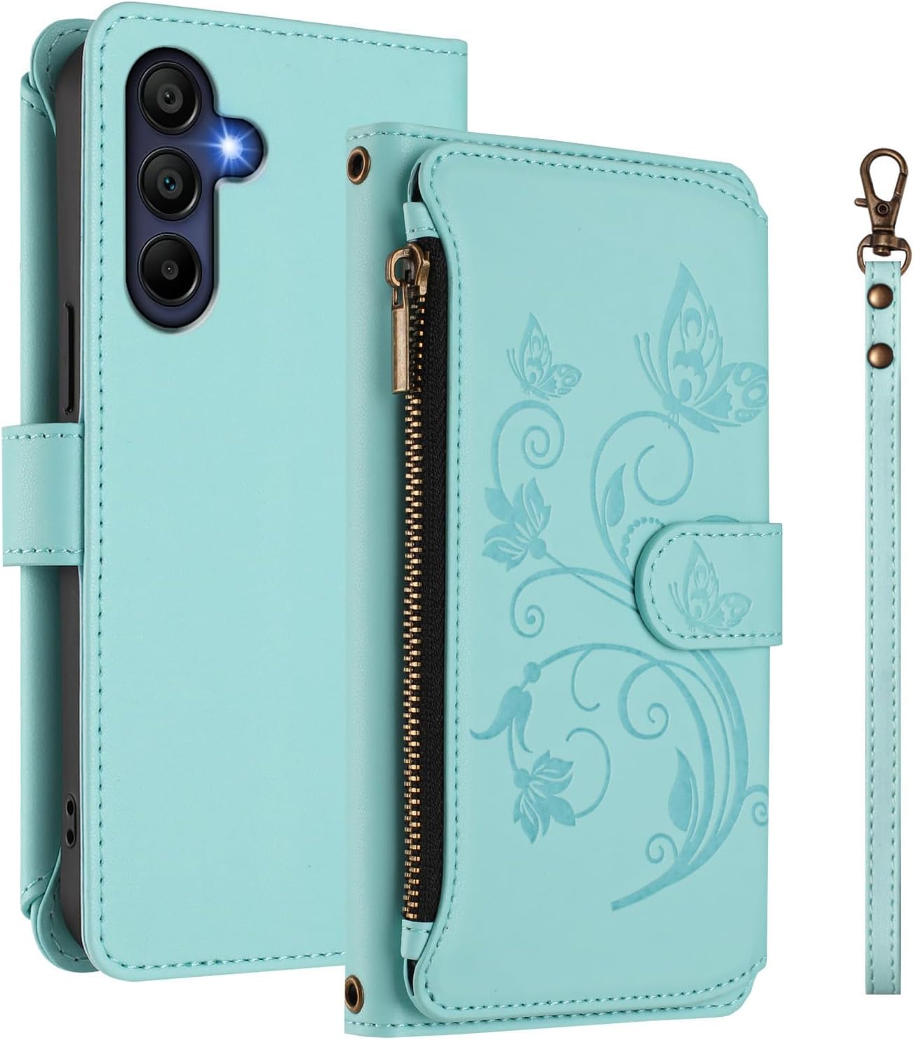 for Samsung Galaxy A26 5G/A17 5G Phone Wallet Case with Screen Protector Leather Zipper Pocket Card Slots Cell Phone Case Floral Butterfly Cover for Galaxy A 17 26 SamsungA17 SamsungA26 Mint