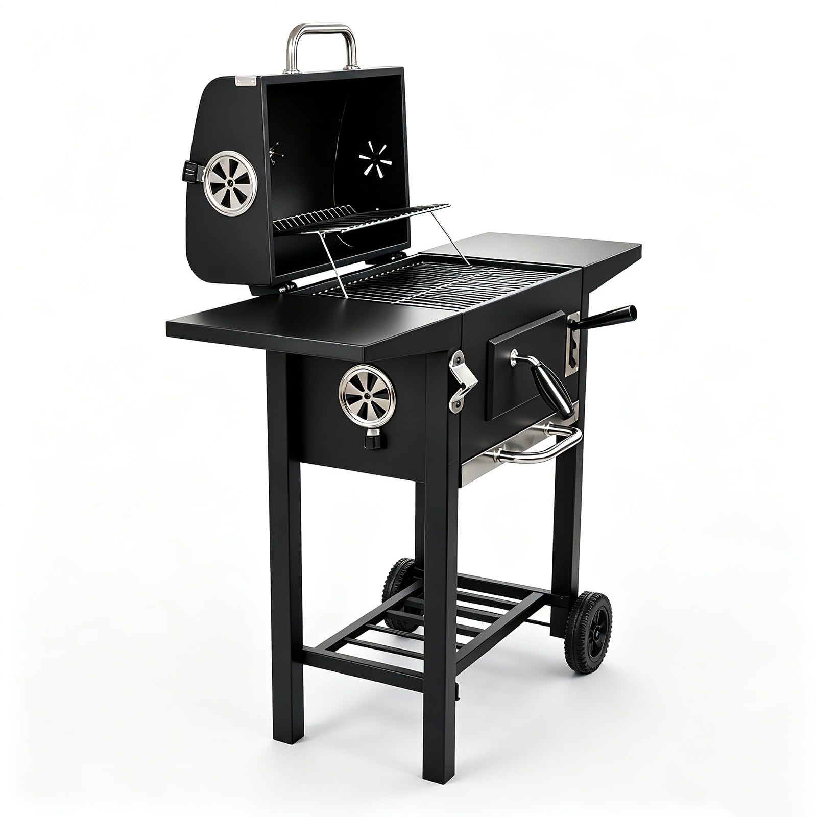 LQWELL Grillwagen, Holzkohlegrill BBQ Smoker Trolley, Standgrill mit Deckel, Edelstahl-griff, Grillrost, Thermometer, Flaschenöffner und Rädern, Maße ca. L109 x W54 x H94.5 cm, Schwarz