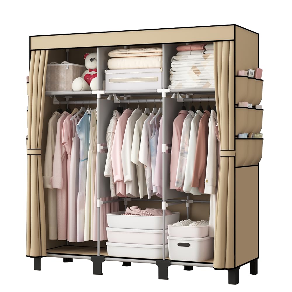 Tragbarer Vlies-Stoffschrank 130x45x170cm faltbar mit 3 Hängebereichen & 18 Seitentaschen (Beige)