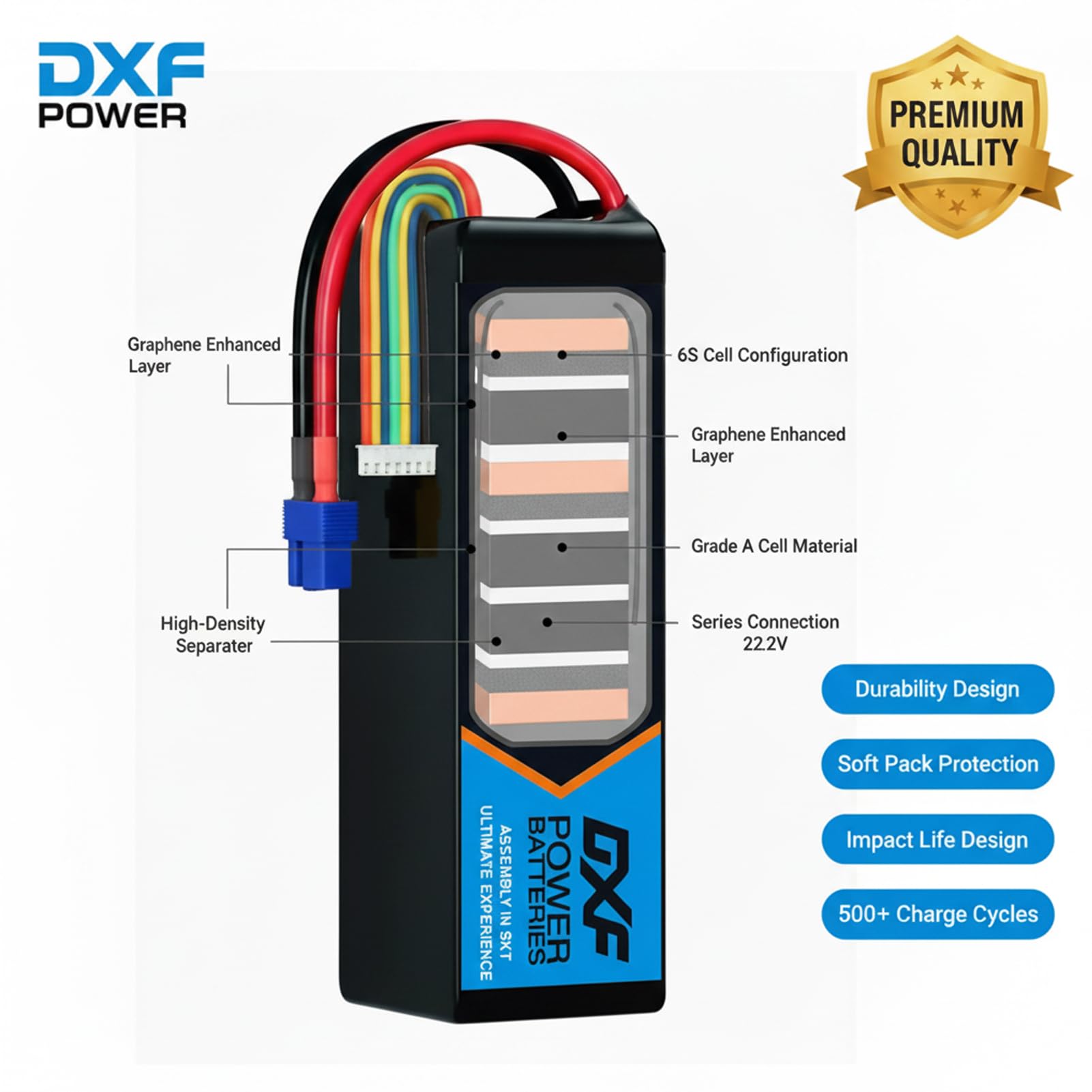 DXF 5200mAh 22.2V 6S 80C EC5 batería Recargable Pila Polímero de Litio Juguete Multicolor para Helicópteros y Aviones más Pequeños como Align GAUI KDS ElyQ Trex-550/600（2PCS）