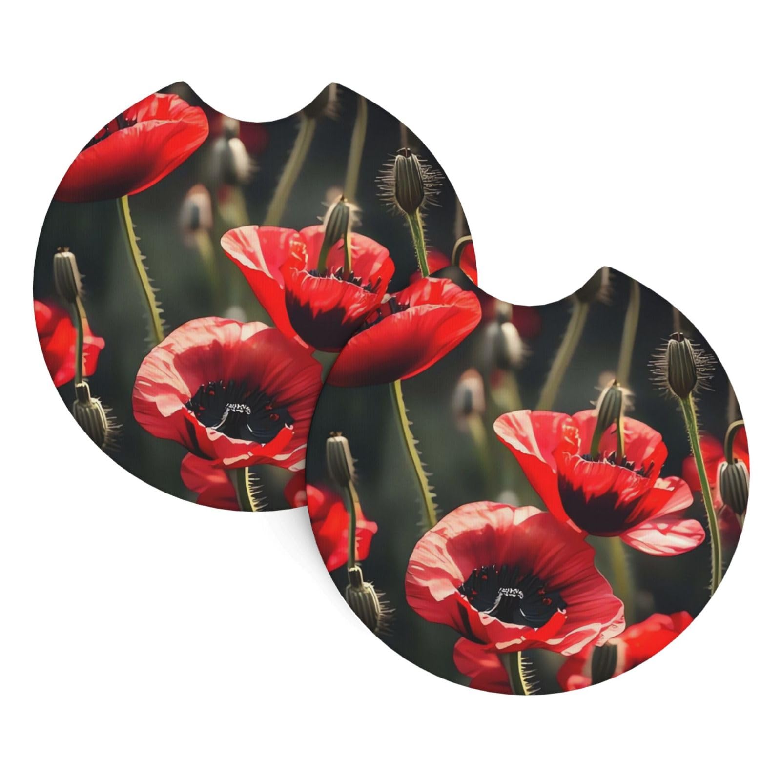 2 Pack Car Coaster for Cup Holders Beautiful Red Poppy Flower Car Cup Coaster 2.7" Neoprene Non-Slip Automotive Cup Mat Universal Auto Car Interior Accessories for Women Men Cup Pad