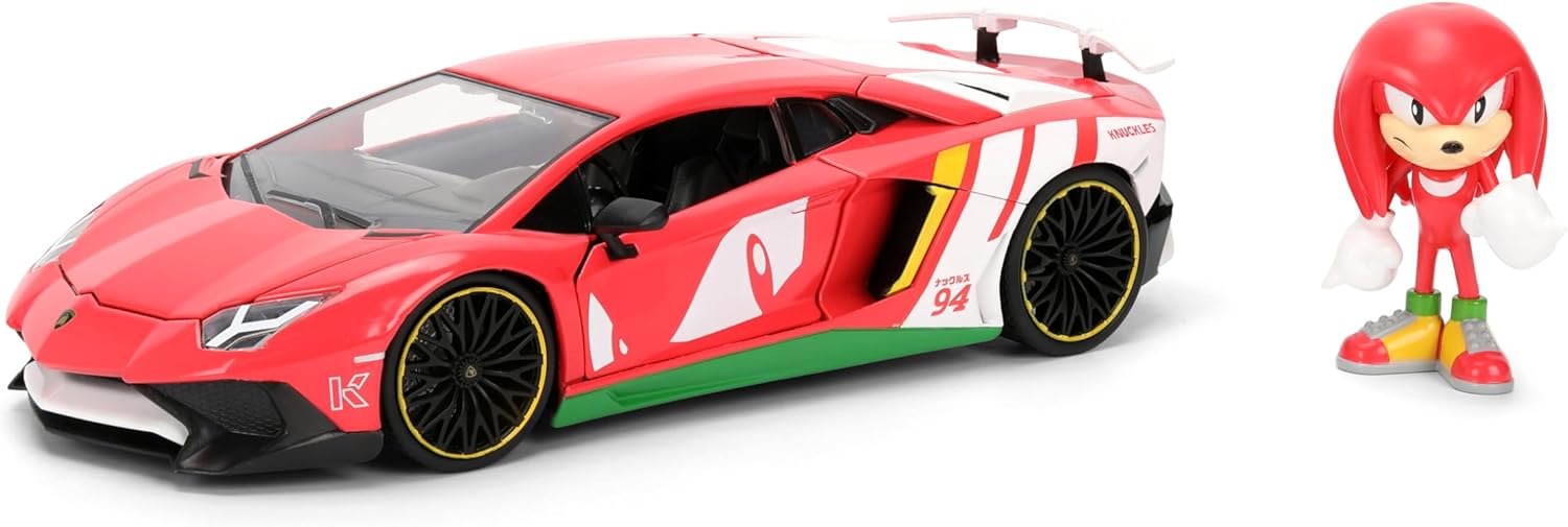 Jada Toys Sonic Lamborghini Aventador SV car (19 cm) with Knuckles figure (7 cm) - model car with opening parts, metal toy set for fans and children from 8 years old