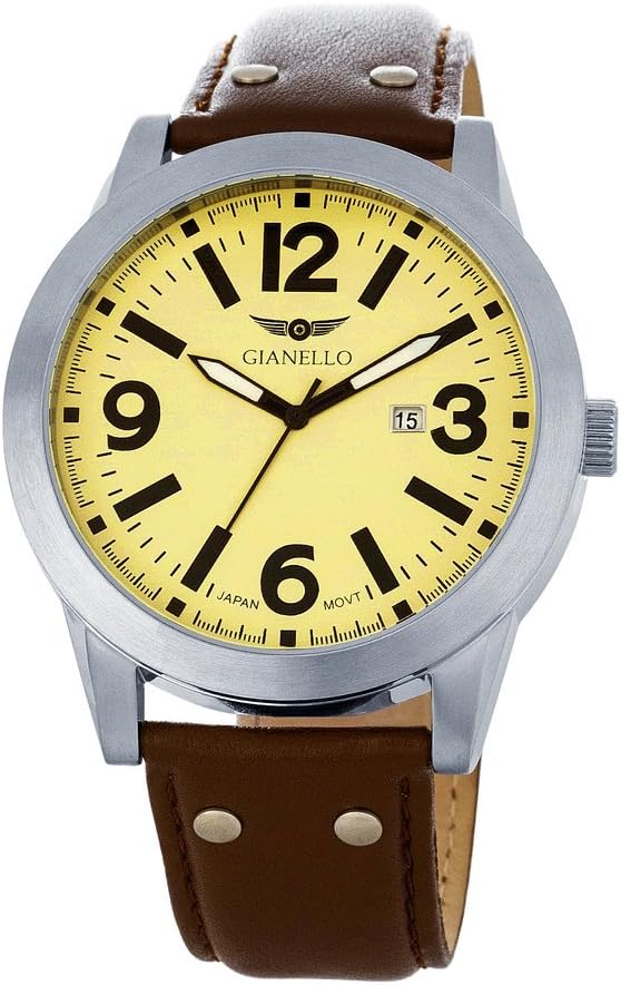 Gianello Men's Leather Strap Riveted Watch with Date Display, Gold