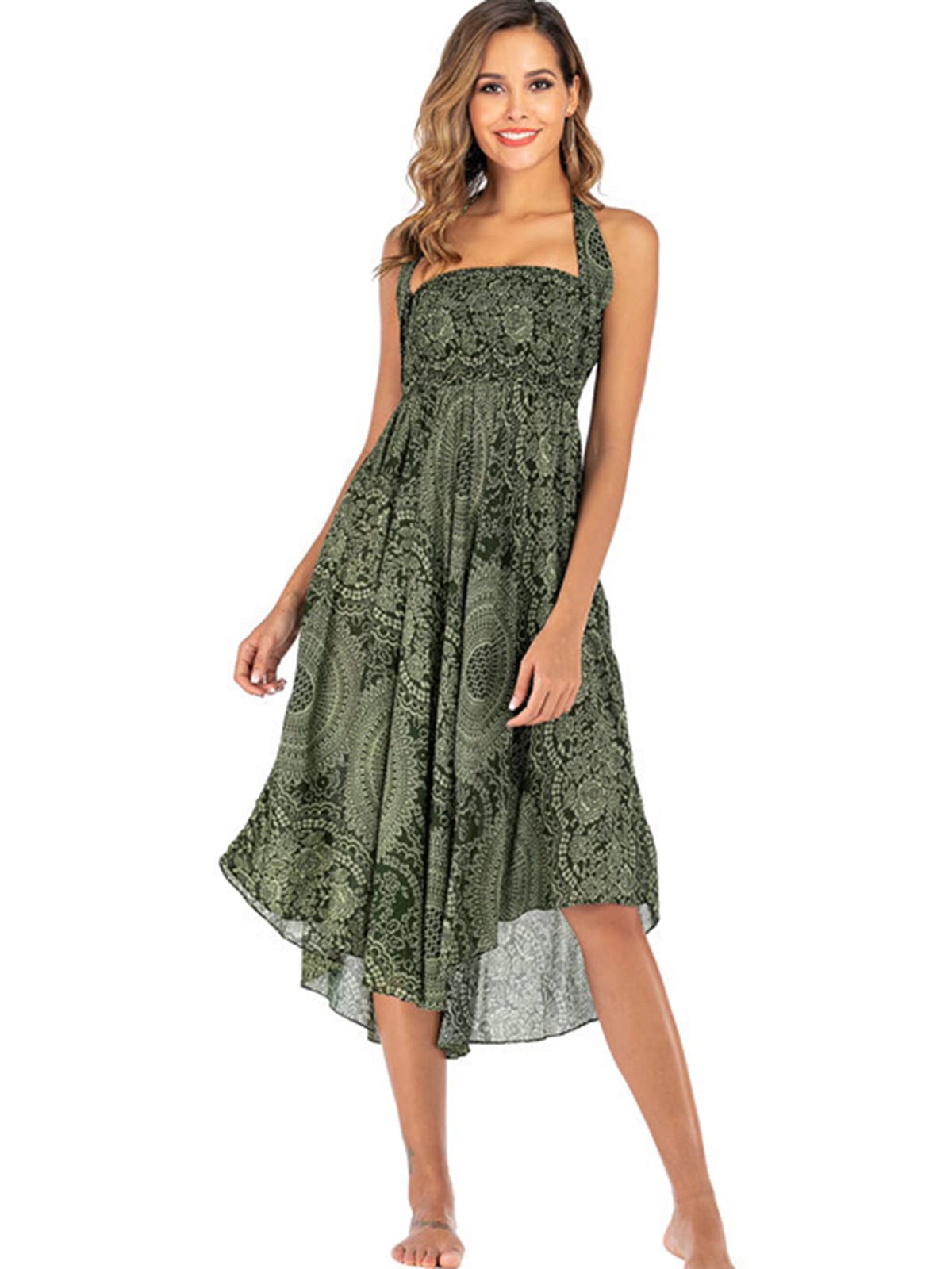 Adigaber Lang Gedruckter Rock Damen Chiffon Bohemien Einheitsgröße Maxirock Verstellbares Riemen Kleid Urlaub Sommerrock Strandkleider