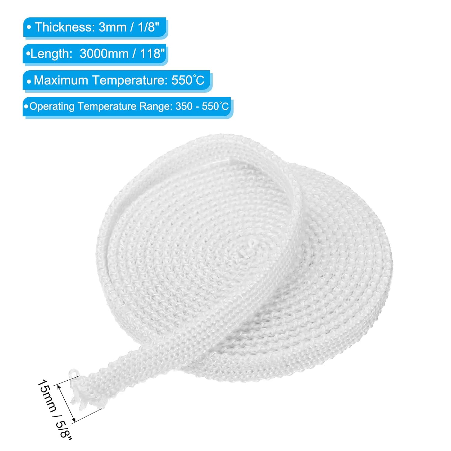 High-Temperature Resistant Fiberglass Wood Stove Gasket Seal Rope for Fireplace and Oven - White, 550°C Max(5/8inx1/8inx118in)