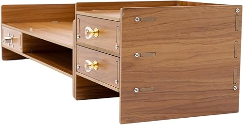Miniatura 8 de Estante de madera para monitor de computadora con cajones, soporte ajustable para monitor de TV para laptop, organizador de almacenamiento de