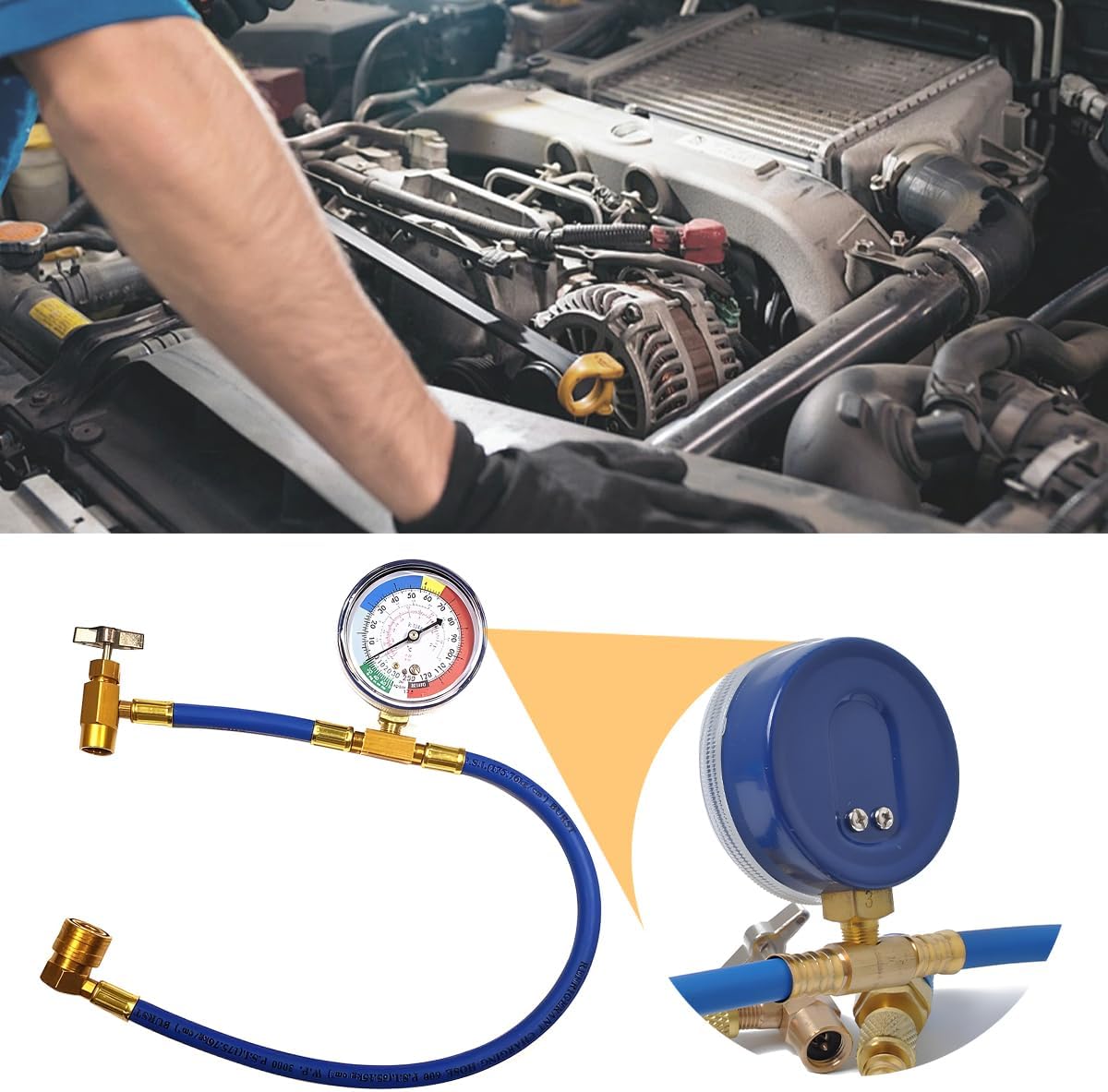 HZEL R134A Car AC Refrigerant Charge Hose Kit, Vehicle Air Conditioning Charge Tube with Pressure Gauge, Automotive Air Conditioning Recharge Hose, Universal for SUV RV Truck