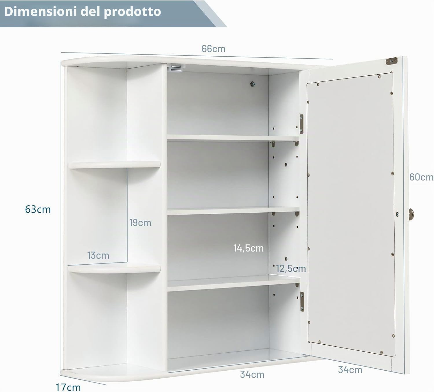 FANTASK Armadietto a specchio da bagno in legno, con 4 scomparti e 6 ripiani aperti, da appendere con specchio, 66 x 17 x 63 cm, bianco