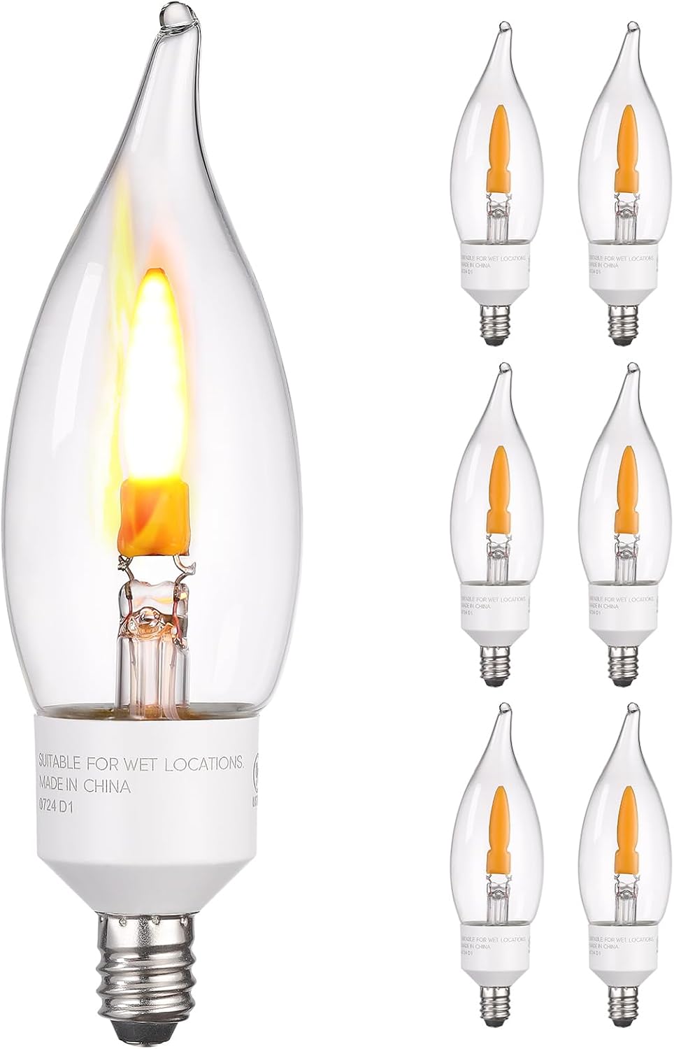 TORCHSTAR Flickering Candle Light Bulbs E12, LED Flame Bulb, 2 Modes Fire Flame Bulb, CA11 Candle Light Bulbs for Chandelier, UL & FCC Listed, 1800K Warm Yellow, Pack of 6