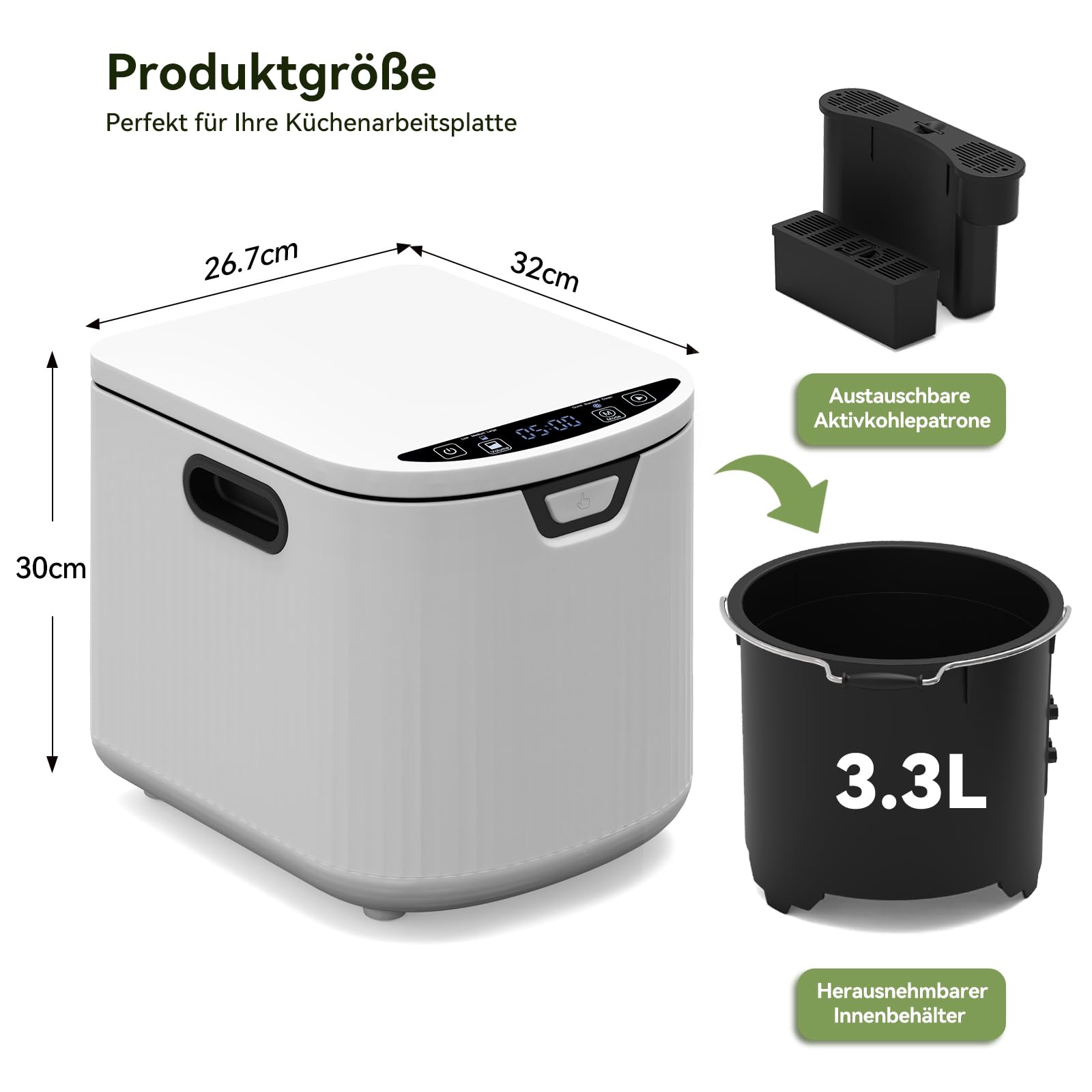 Fullwatt Elektrischer Komposter 3.3L Geruchsfreier Komposter Elektro-Schnellkomposter mit 2 Kohlenstofffilter Komposteimer & LED-Anzeige für Organisches Material & Lebensmittelreste Selbstreinigend