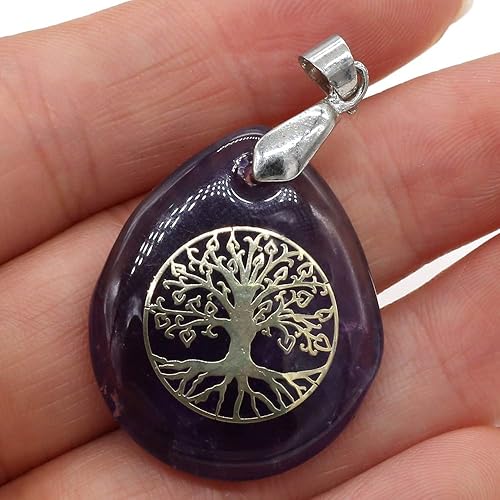 Miniatura 6 de 4 colgantes de piedra natural, forma de gota de agua, energía mixta, cristal, árbol de vida, patrón de aleación, ajuste para hacer joyas