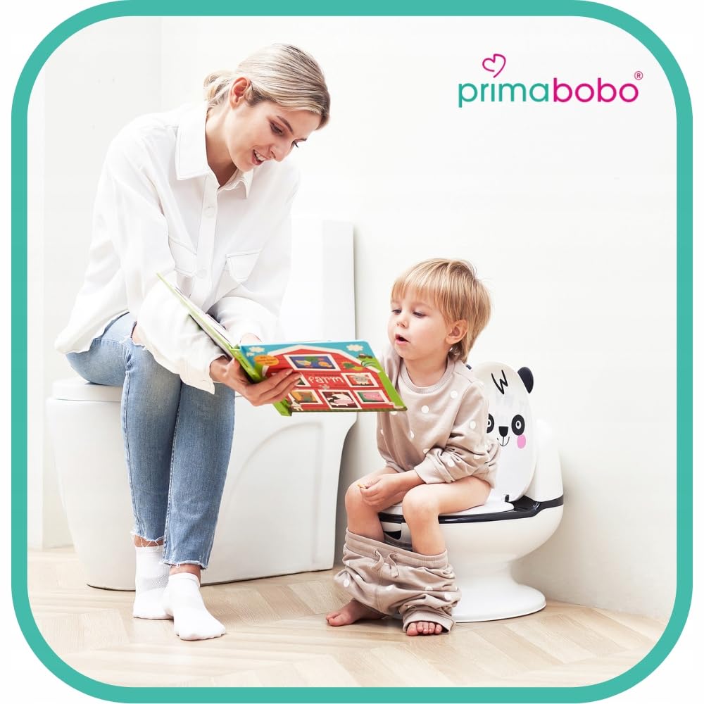 Primabobo Interaktiver Kindertopf PANDA mit Spülgeräusch, Lerntöpfchen für Kinder mit herausnehmbarem Einsatz, Deckel und Rückenlehne, ergonomischer Toilettentrainer ab 18 Monaten