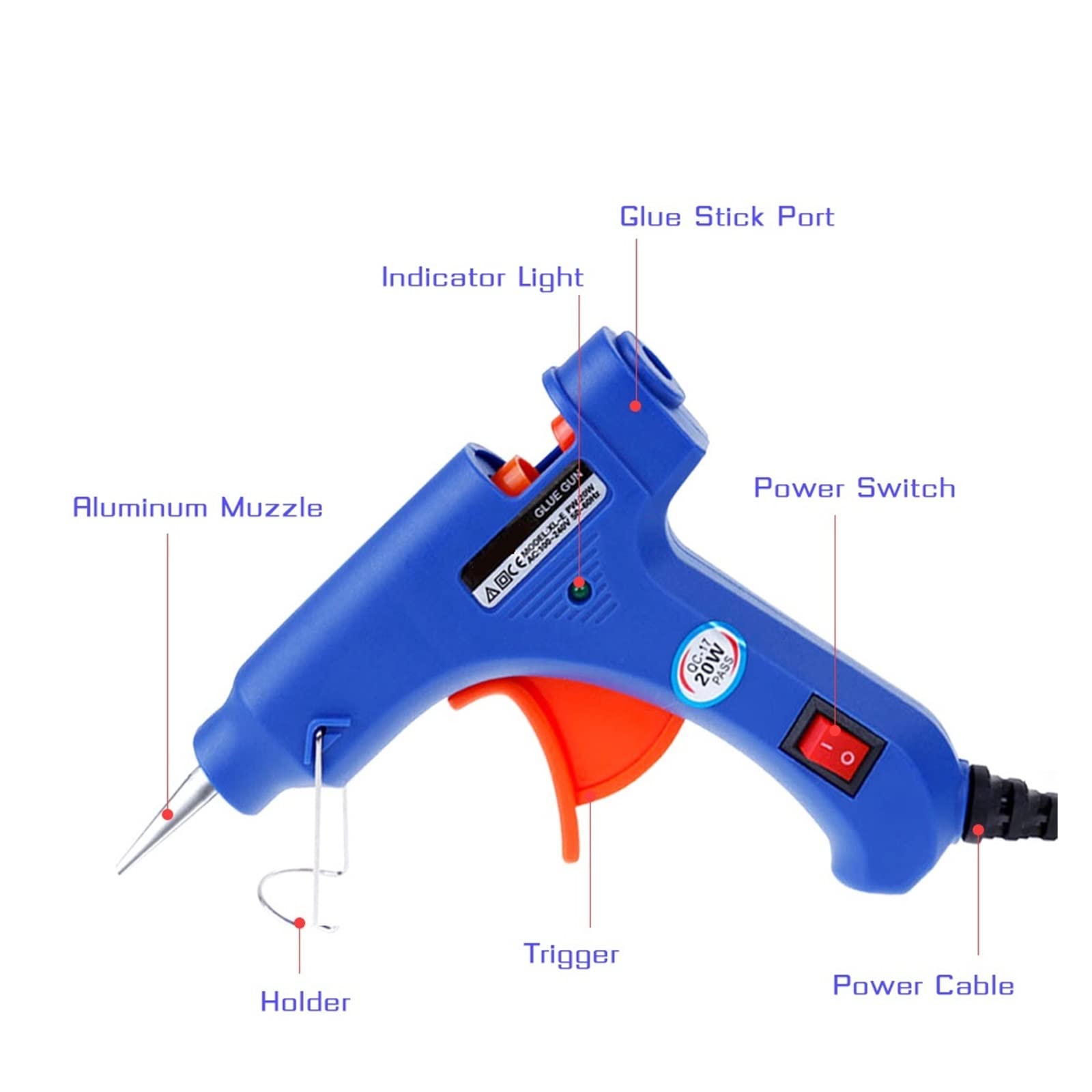 Pistola de calor eléctrica de 20 W con barras de pegamento de 7 mm para bricolaje doméstico, herramienta de reparación de pistolas de temperatura industriales, calentamiento rápido (pistola