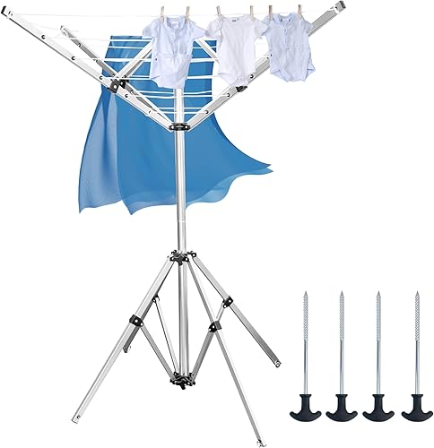 Auto Care Tendedero de secado al aire libre con 4 brazos telescópico de aluminio fijado con clavos de tierra, 28 cuerdas de secado, 65 pies de gran