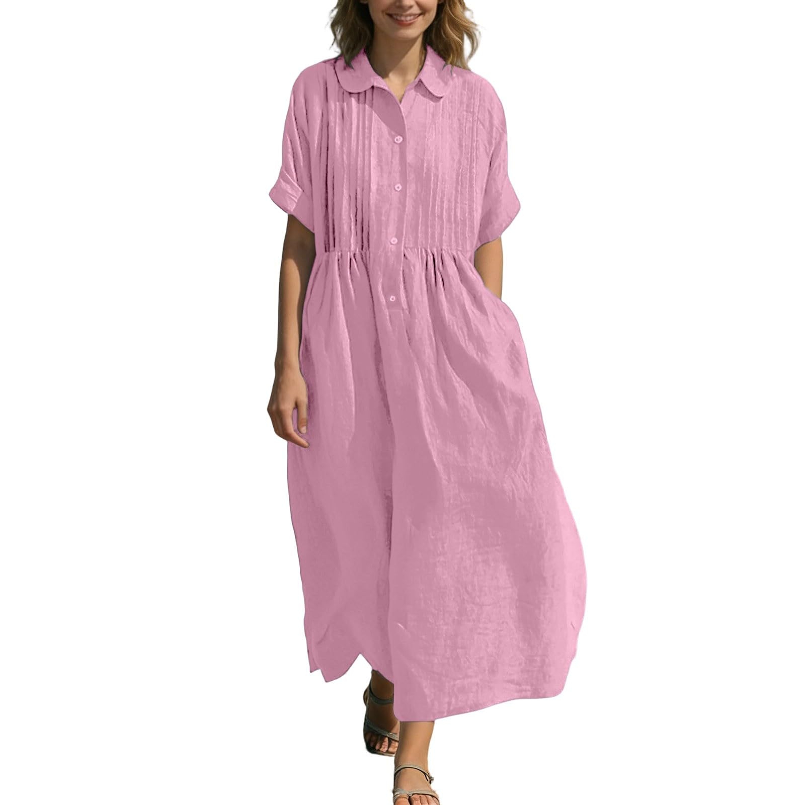 Vestido de verano para mujer, largo, cuello vuelto, elegante, vestido de playa, vestido de verano, vestido camisero con botones, vestido maxi de manga corta, vestido de verano para mujer, ligero y