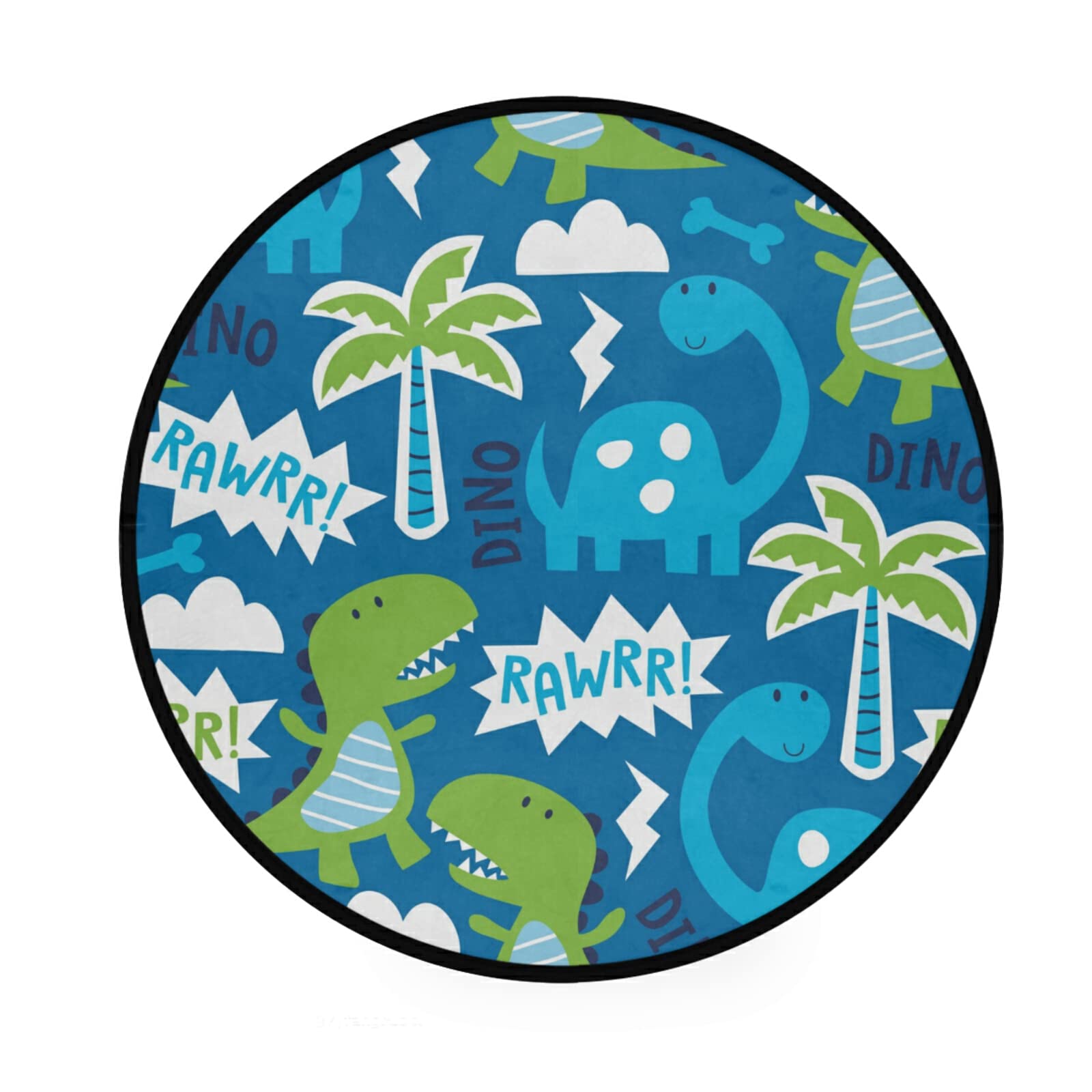 Blue Dino Dinosuar Tree Round Area Rug Non-Slip Carpet Rugs Circle Rugs Soft Mats Machine Washable Floor Mat for Living Room Bedroom Nursery Room Home Decor 3 Feet