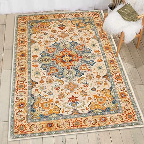 Boho Area Rug, 3' x 5' Machine Washable Rugs for Entryway Faux Wool Large Rugs Distressed Throw Rug Non-Slip Floor Carpet for Indoor Bedroom Kitchen Living Room Cover