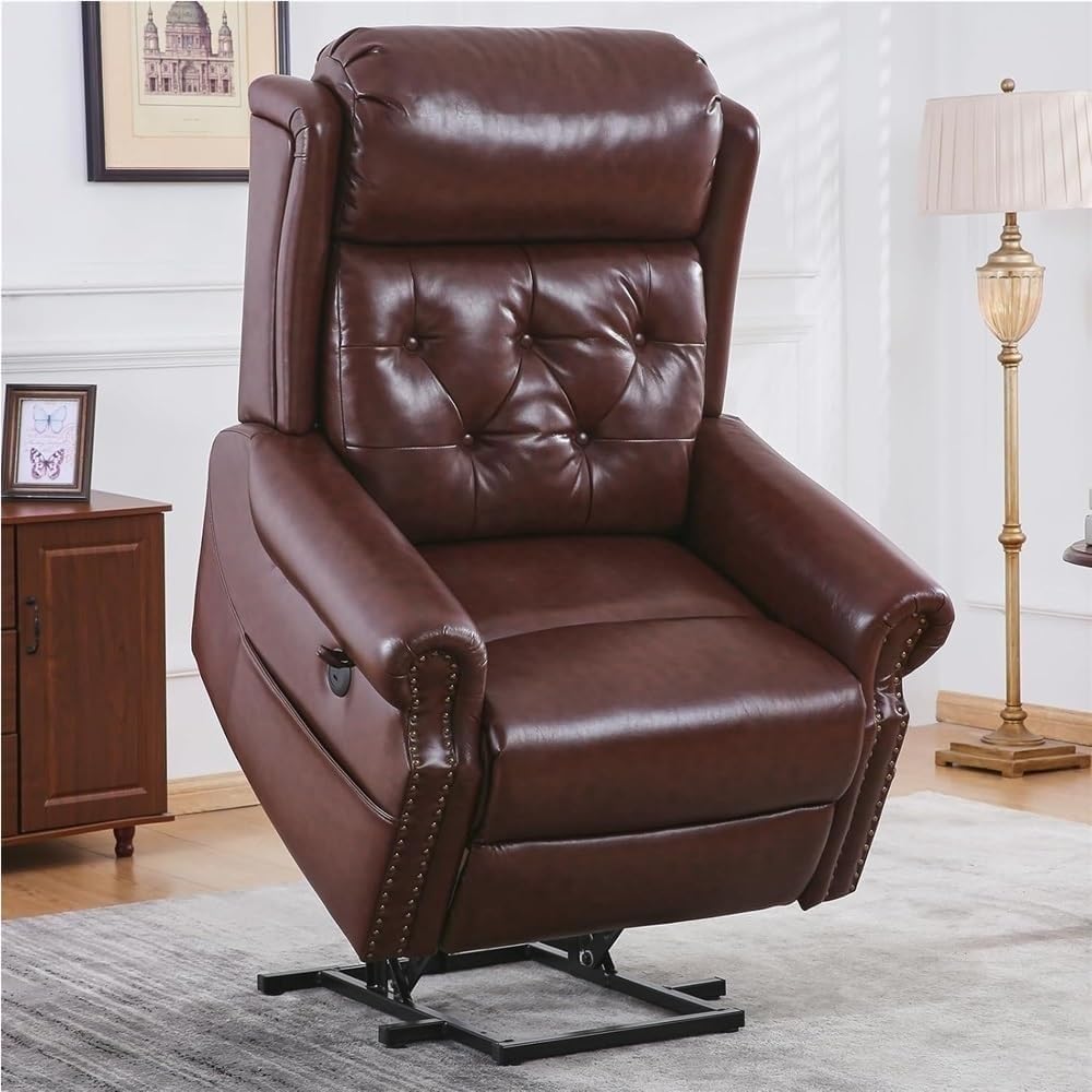 Heavy Duty Lift Recliner Sofa for Elderly with Massage Heat Lay Flat Function Adjustable Headrest Extended Footrest Genuine Leather Upholstery Brown Living Room