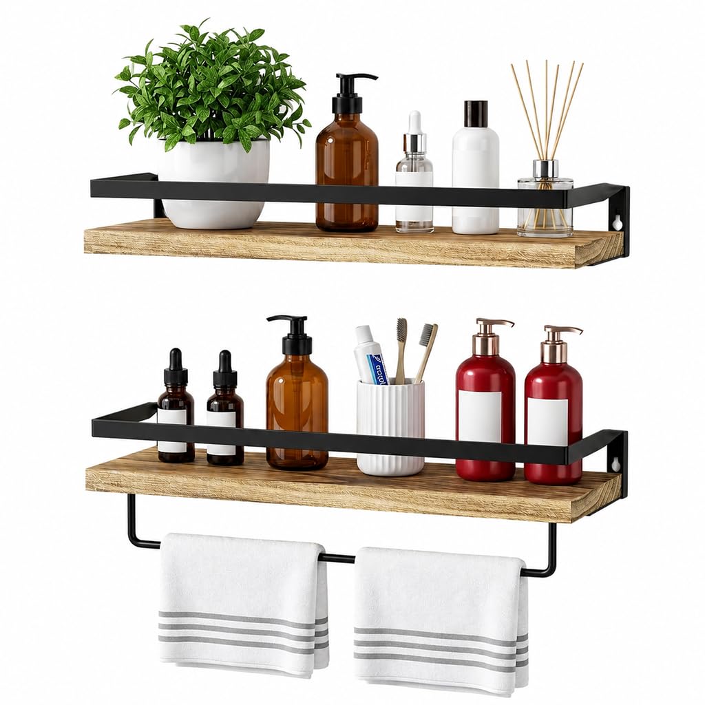 Zibuyu 2 Pack Bathroom Shelf Rack, Wooden Wall Shelf with Towel Bar, Wall Mounted Storage Shelves for Living Room Bedroom Kitchen and Bathroom, L15.7 x W5.9Inch-image-34