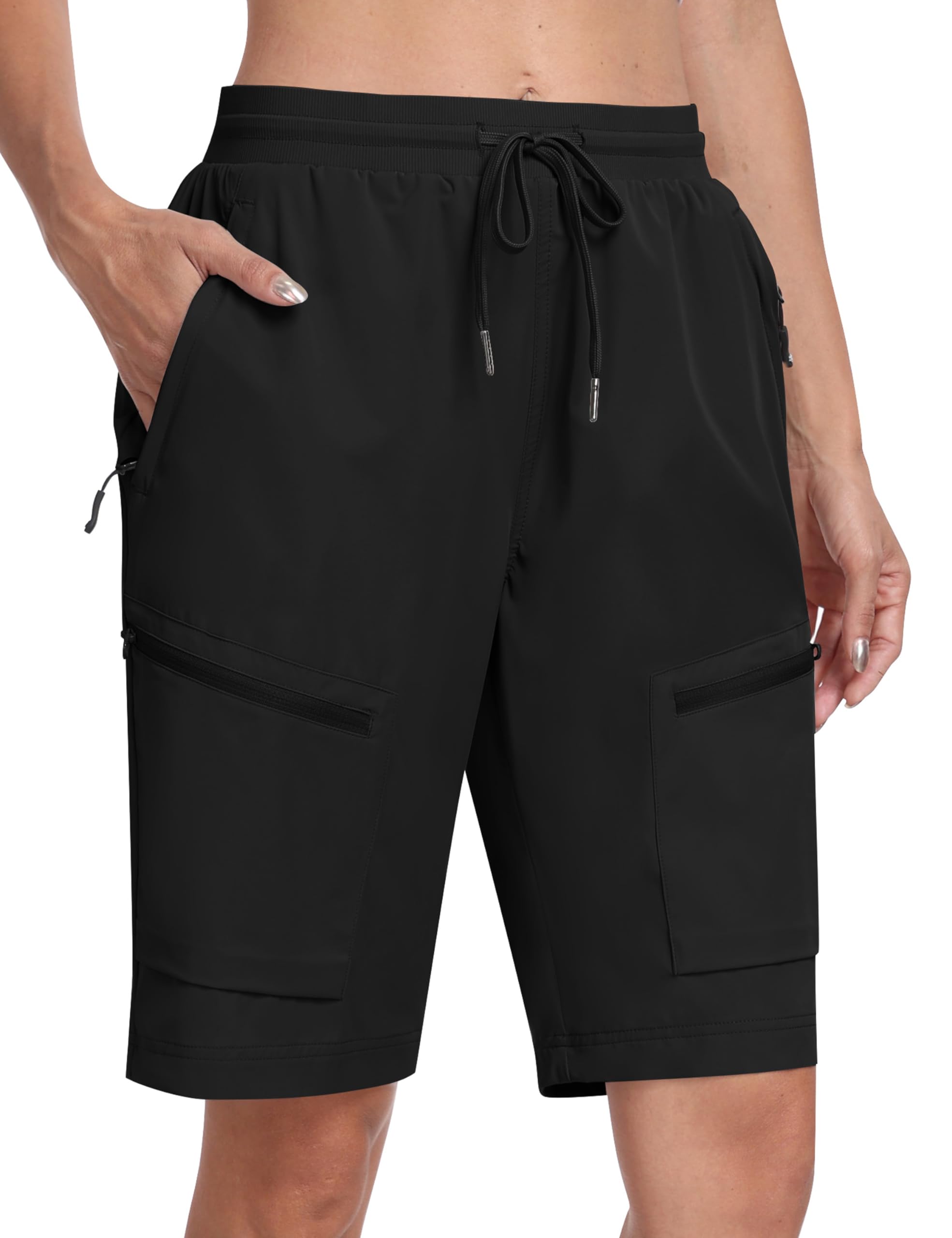 MoFiz Hiking Shorts Womens Quick Dry Lightweight Long Hiking Shorts for Women Knee Length for Camping Travel Golf with Zipper Pockets Black Large