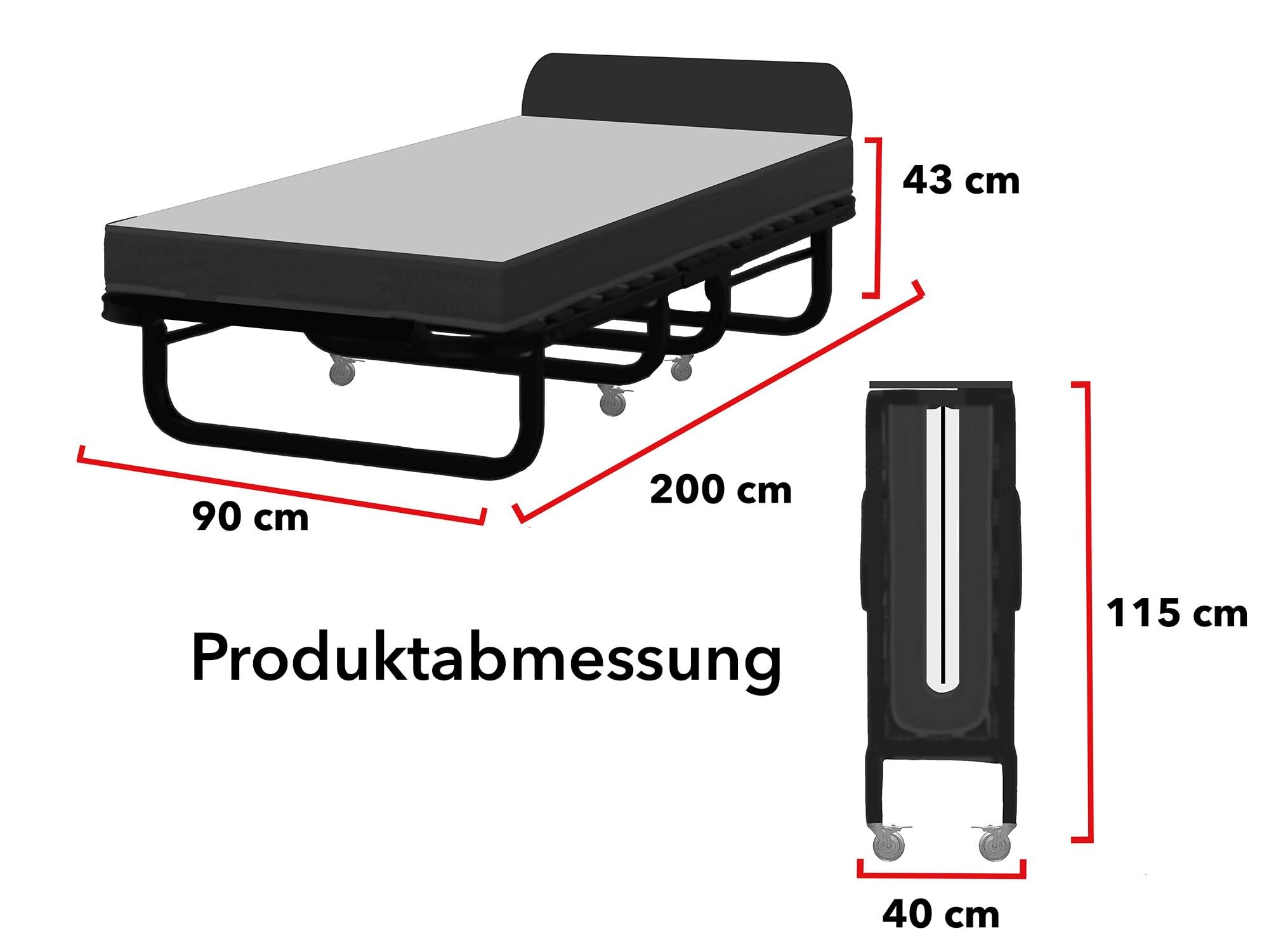 Edward Bed & Bath klappbares Gästebett mit Rollen, 90x200 cm, 14 cm Federkernmatratze (mittelfest), platzsparend, stabil und belastbar, Klappbett, grau anthrazit