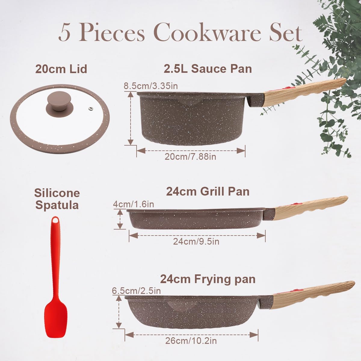 AIKENBBKK 5 Pcs Ceramic NonStick Pots and Pans Set, Kitchen Cookware Set with with Detachable Handle, 9.5 inch fry pan, 9.5 inch grill pan, 2.3 QT saucepan with lid, Oven& Dishwasher Safe