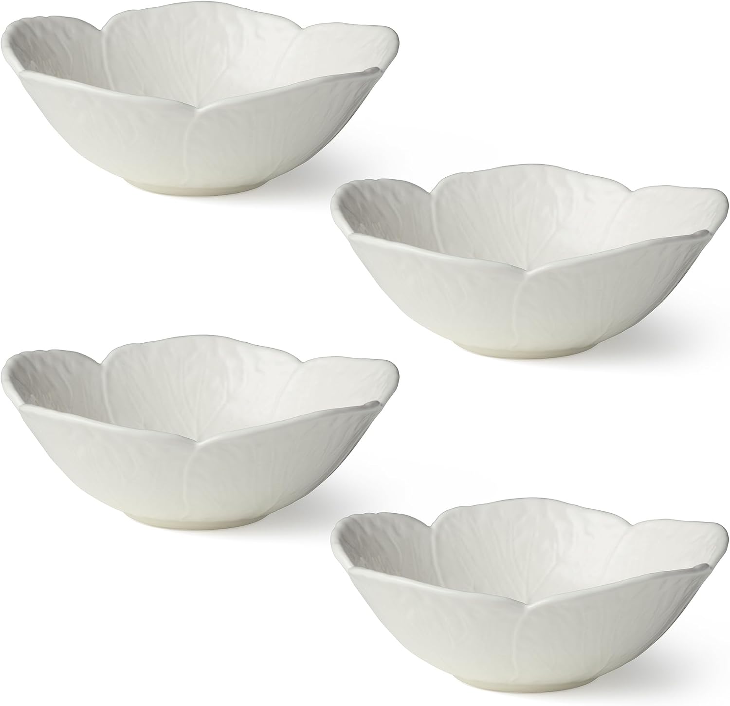 White Cabbage 3-D 7" CEREAL/SOUP BOWLS, SETOF 4 – Sculpted Ivory Stoneware Leaf Bowls – Heirloom Garden-Inspired Stoneware for Breakfast, Snacks & Everyday Seasonal Dining