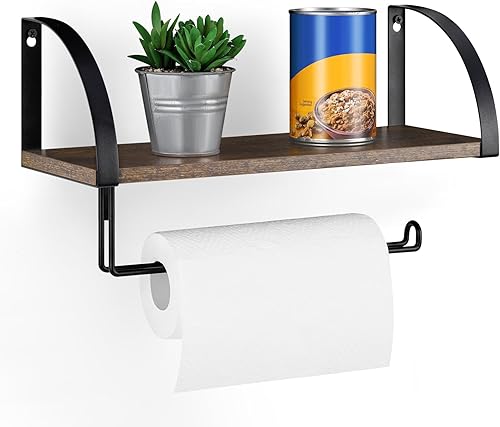 Miniatura 8 de BTY Soporte para toallas de papel con estante, soporte vintage de granja montado en la pared para toallas de papel debajo del gabinete, estante de