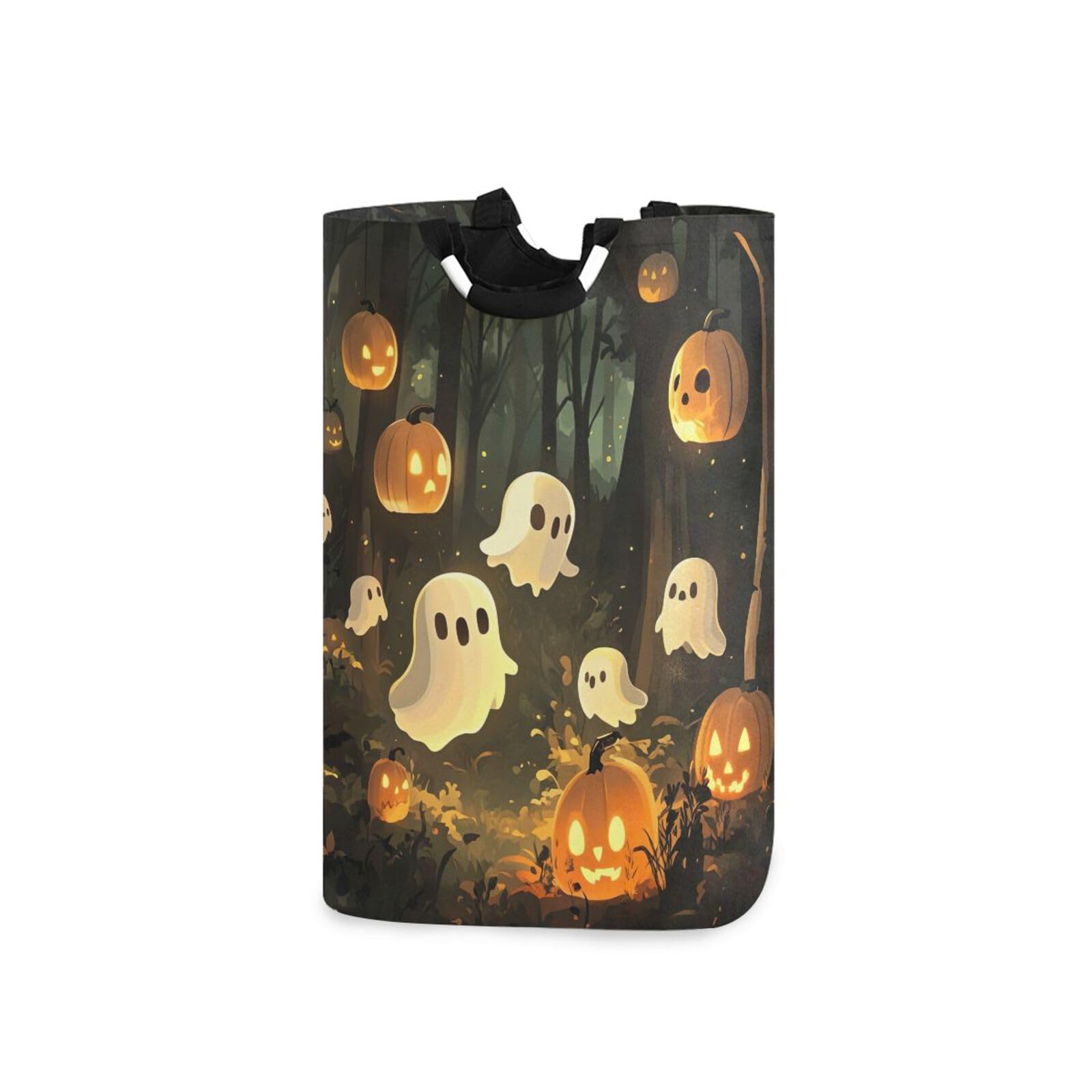 Jihqo Laundry Hamper Basket Halloween Pumpkin Ghost Collapsible Nursery Storage Bin Waterproof Clothing Baskets for Home Bedroom Bathroom Washing Room