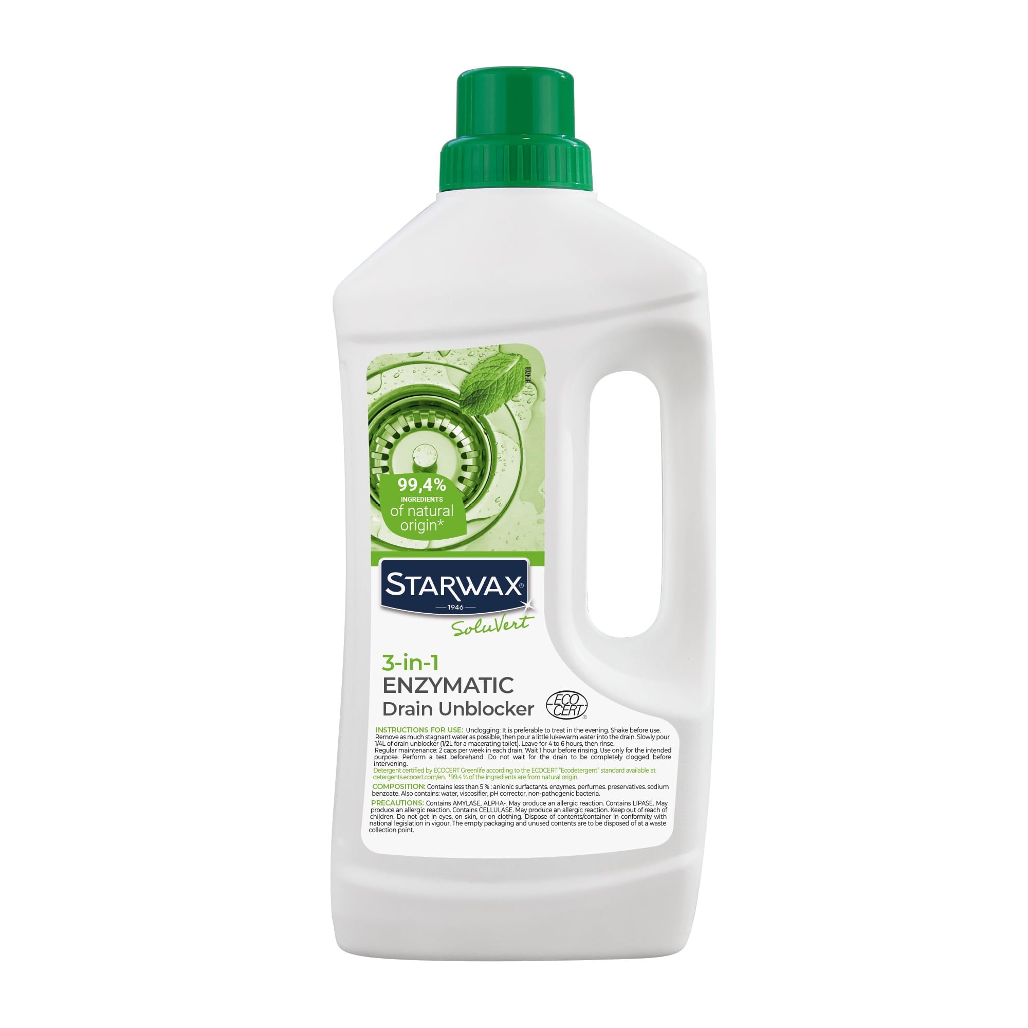 STARWAX SOLUVERT Natural Drain Cleaner – 99.5% Plant-Based – Enzyme & Probiotic Formula – No Colourants – Septic Tank Safe – Breaks Down Grease & Hair – Eco-Friendly – 950ml Bottle