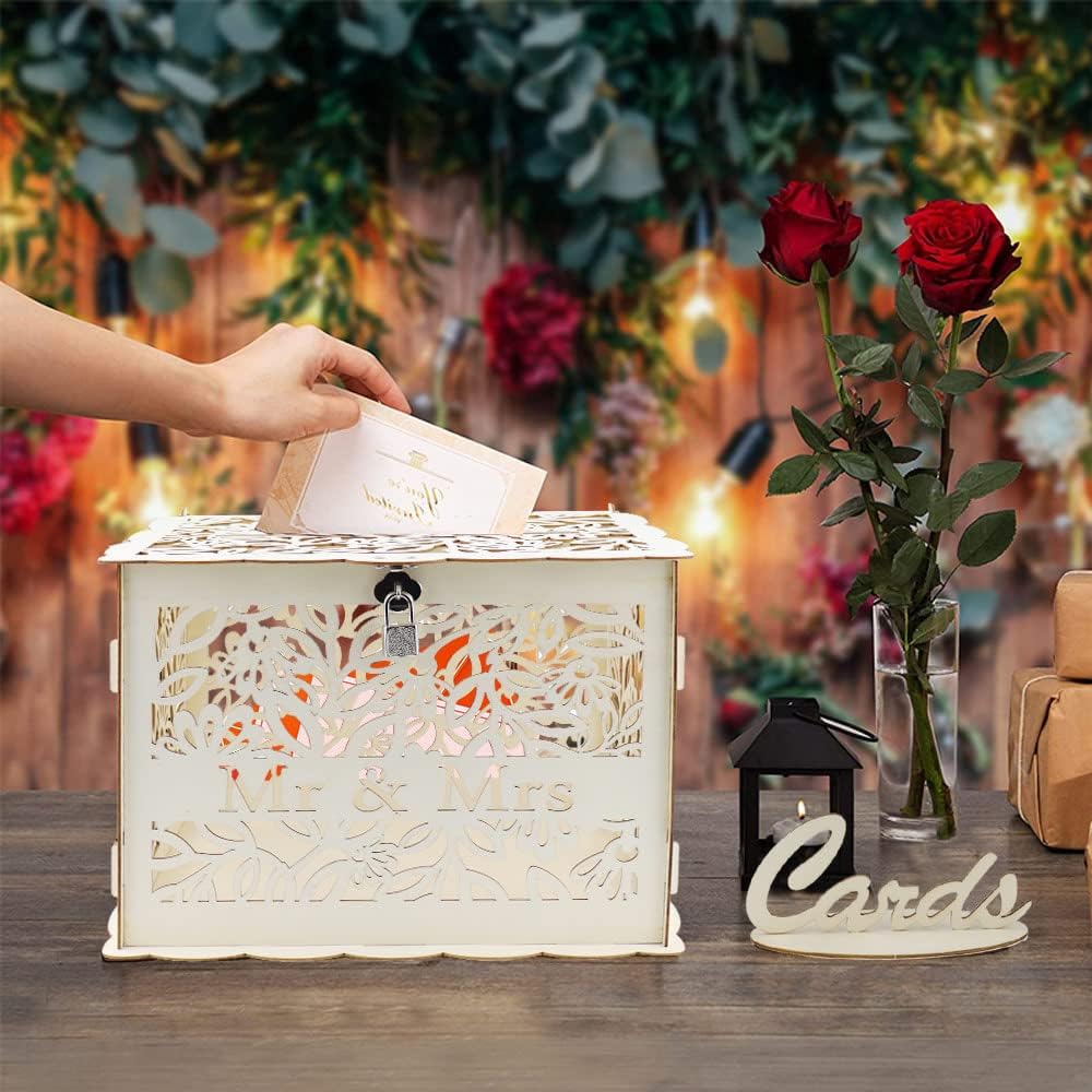 Scatola di Carte di Nozze in Legno Grande 30x23x23cm, Contenitore per Biglietti, Porta Buste per Ricevimento Matrimonio Anniversario, con Serratura - Mr & Mrs