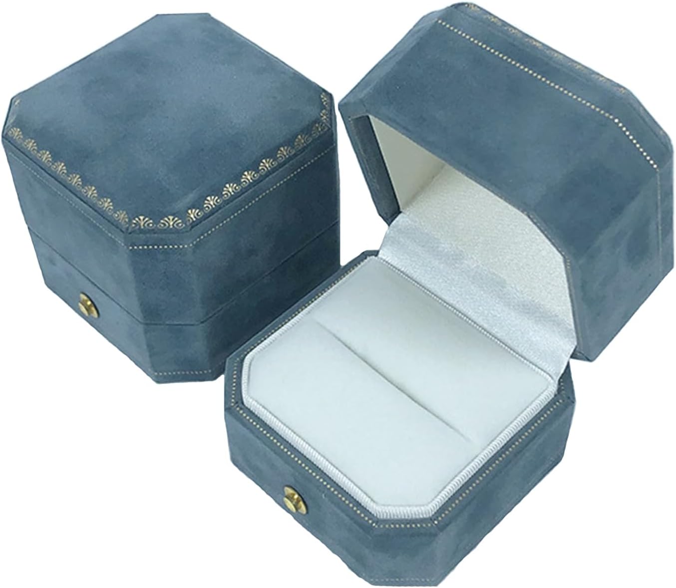 Velvet Jewelry Ring Box - Octagon Engagement Ring Box with Hinged Lid for Proposal Engagement Wedding, Proposal Ring Case with Gold Lace-PRB001 - Image 3
