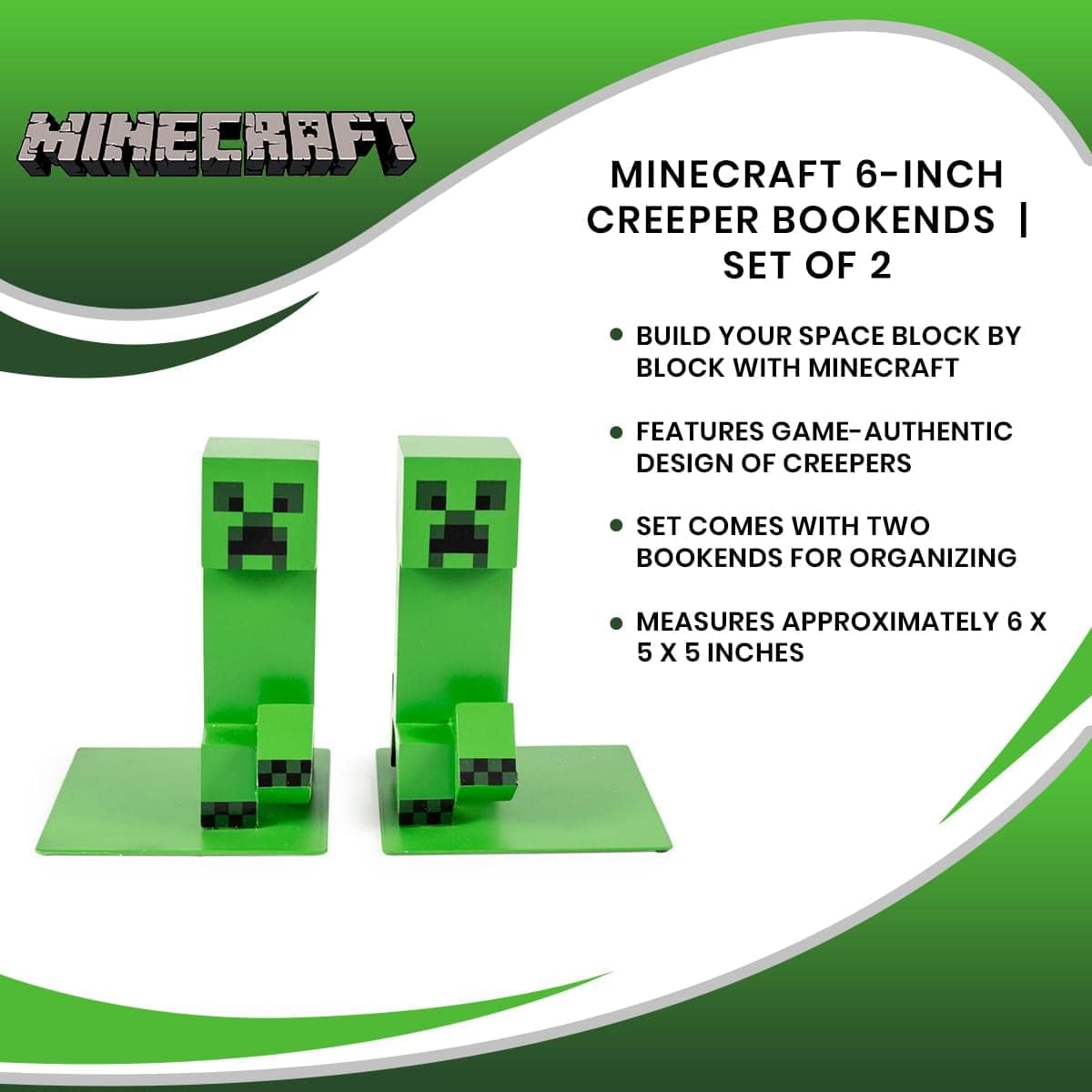 Minecraft 6-Inch Creeper Bookends, Set of 2 | Bookshelf Decor Room Essentials, Storage Organizer for Shelves and Desktops, Book Stoppers | Video Game Gifts and Collectibles