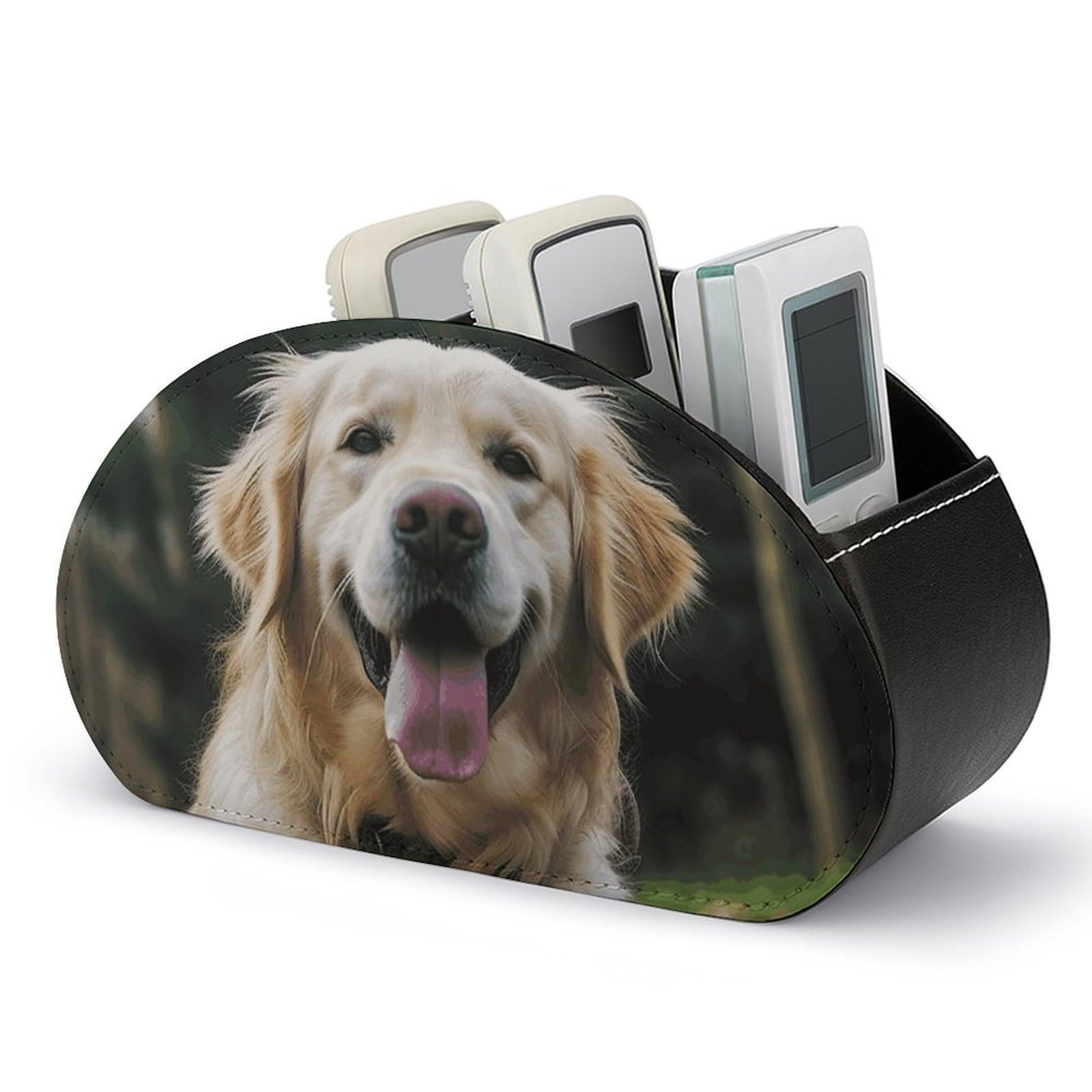VstaDank Funny Golden Retriever Remote Control Holder with 5 Compartments PU Leather Remote Caddy Desktop Organizer Store TV Remote Control Storage Box for Home Office Desk Nightstand